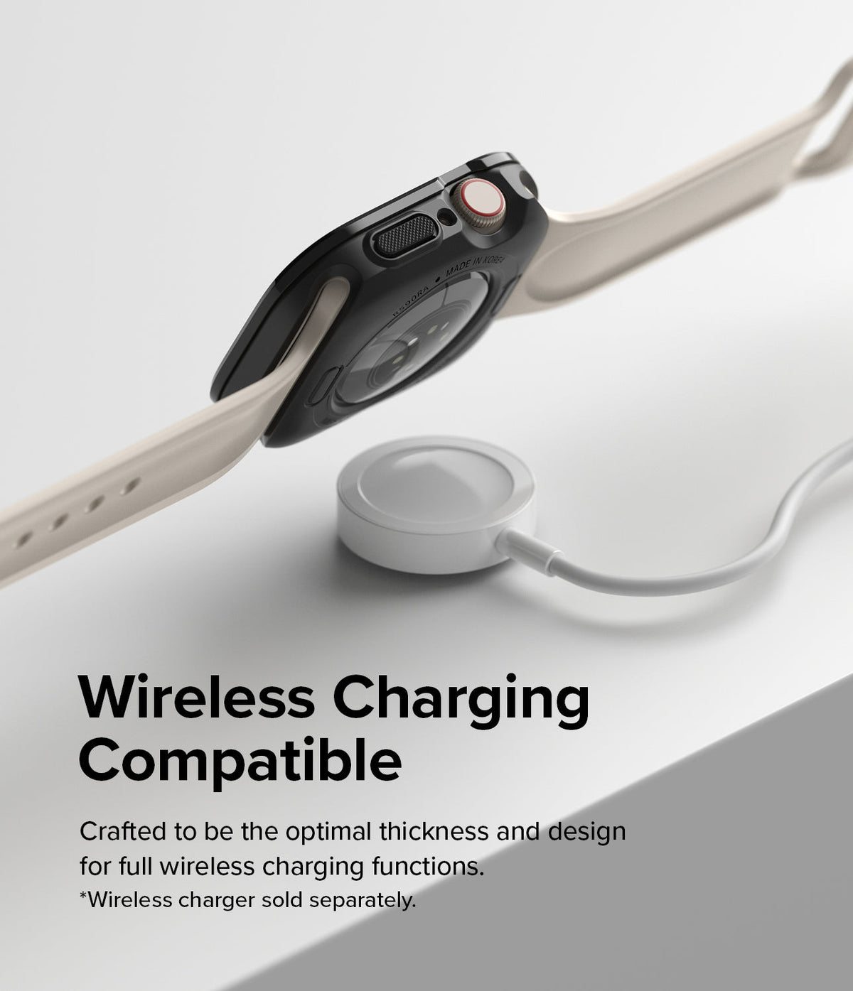 Apple Watch Series (41mm / 40mm) | Air Sports (Black) + Bezel Styling - Black watch case hovering over a wireless charger.