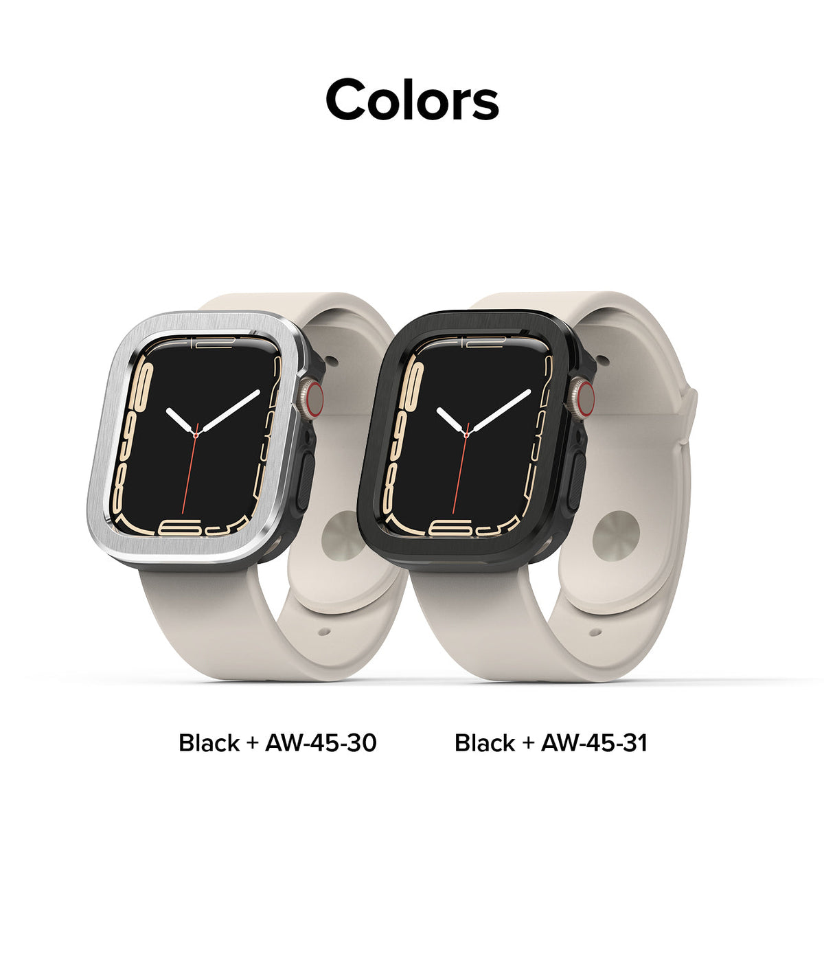 Apple Watch Series (45mm / 44mm) | Air Sports (Black) + Bezel Styling - Two Apple Watches with beige bands and silver or black metal bezels.