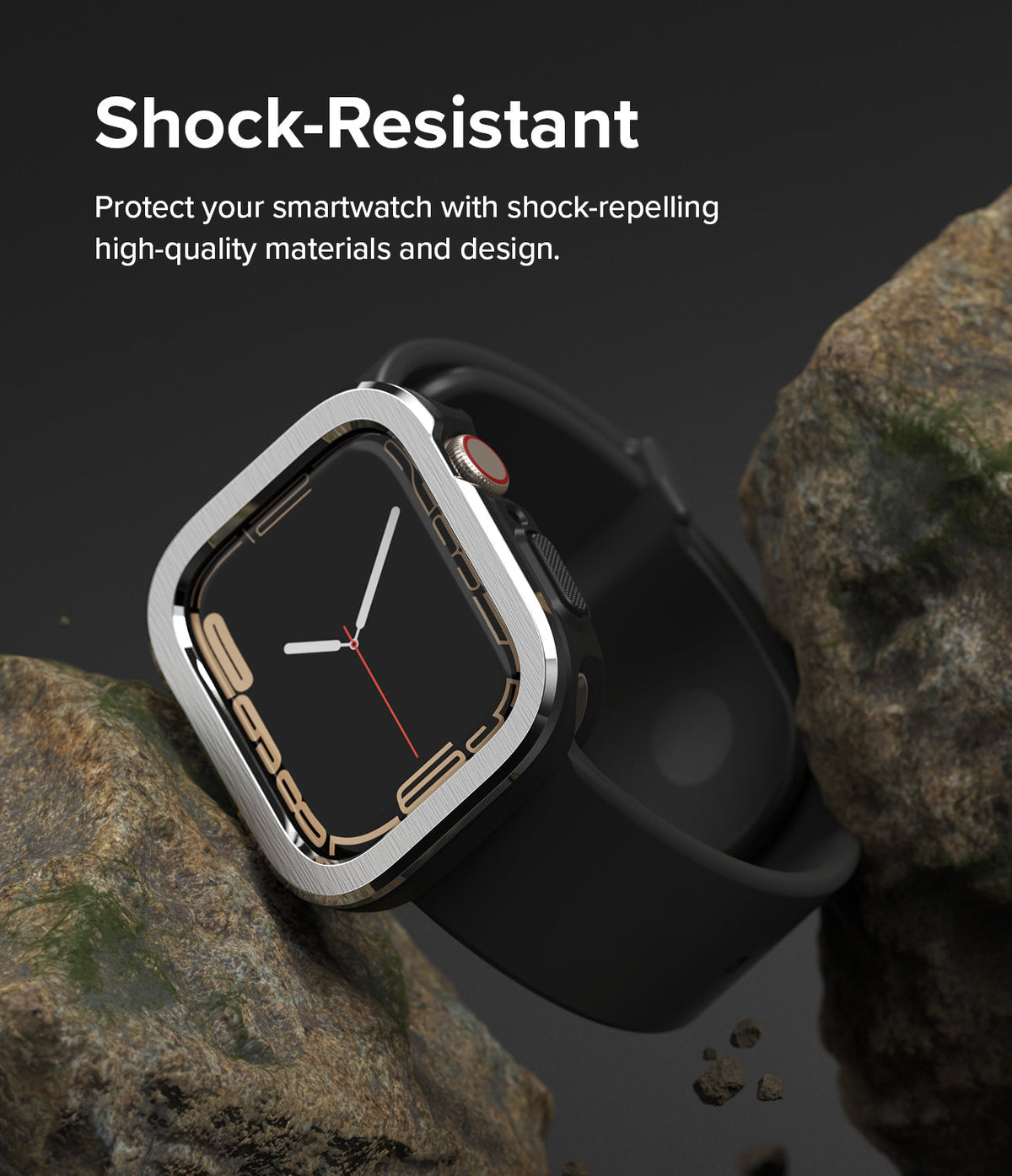 Apple Watch Series (45mm / 44mm) | Air Sports (Black) + Bezel Styling - Black smartwatch with silver bezel between two rocks.