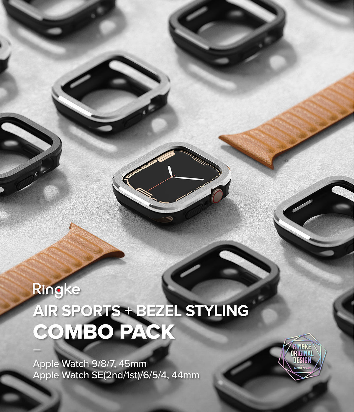 Apple Watch Series (45mm / 44mm) | Air Sports (Black) + Bezel Styling - Apple Watch with black protective case and silver bezel.