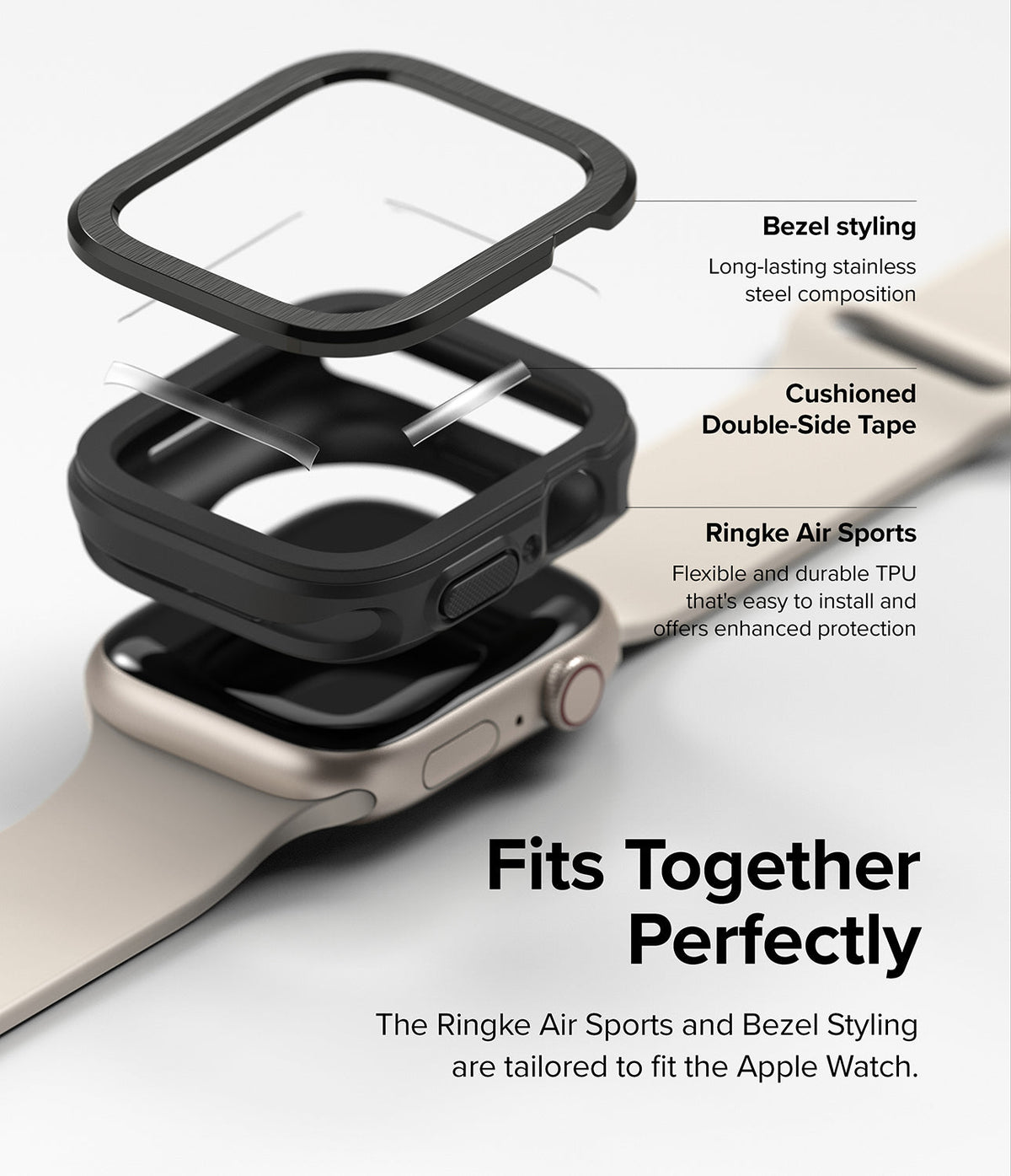 Apple Watch Series (45mm / 44mm) | Air Sports (Black) + Bezel Styling - Exploded view of Apple Watch case and bezel.