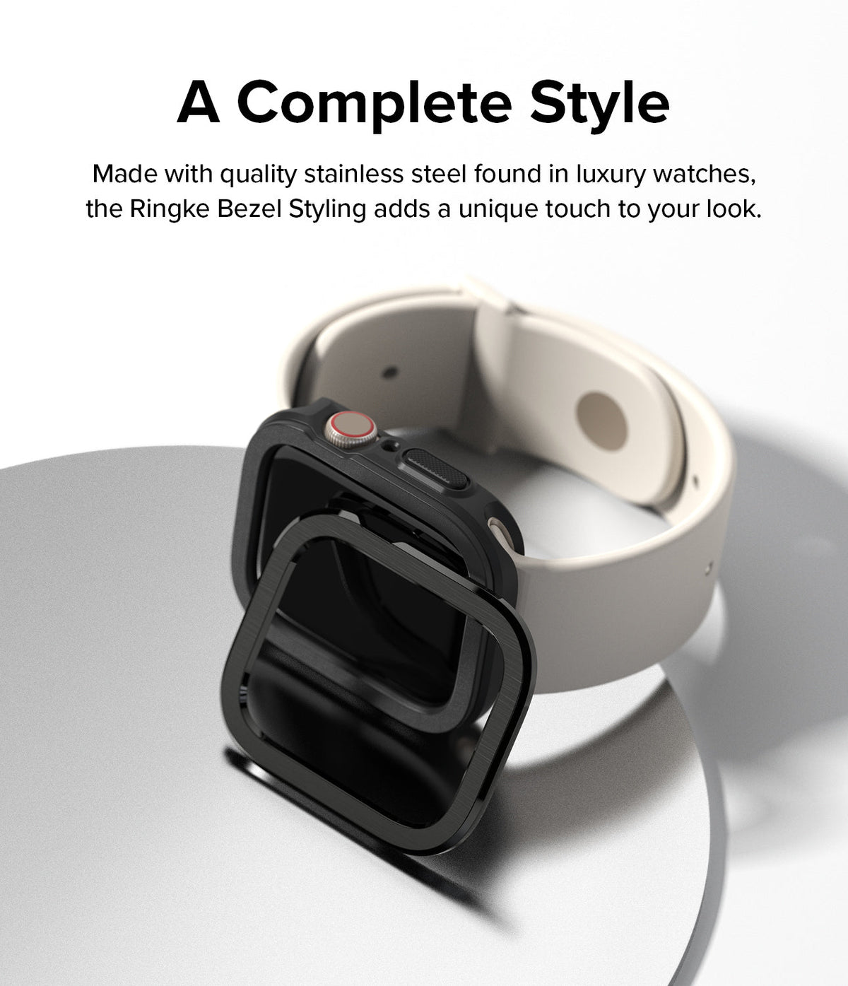 Apple Watch Series (45mm / 44mm) | Air Sports (Black) + Bezel Styling - Black stainless steel bezel hovering over an Apple Watch.