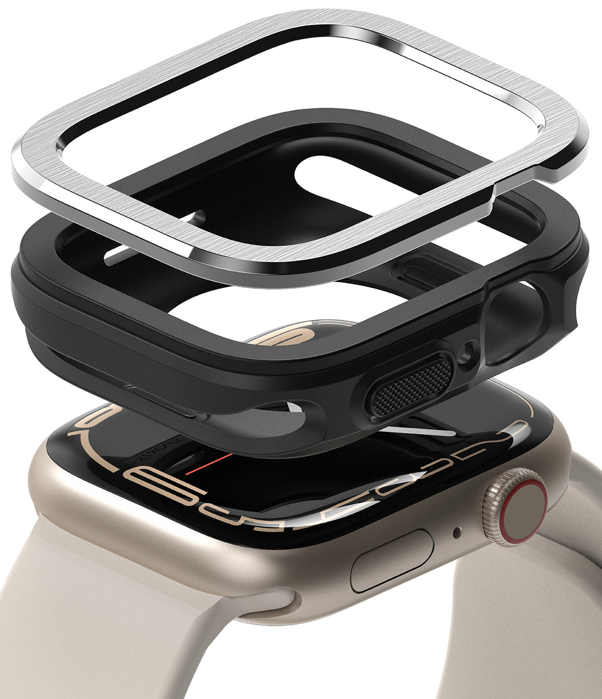 Apple Watch Series (45mm / 44mm) | Air Sports (Black) + Bezel Styling - Exploded view of a silver bezel and black case.