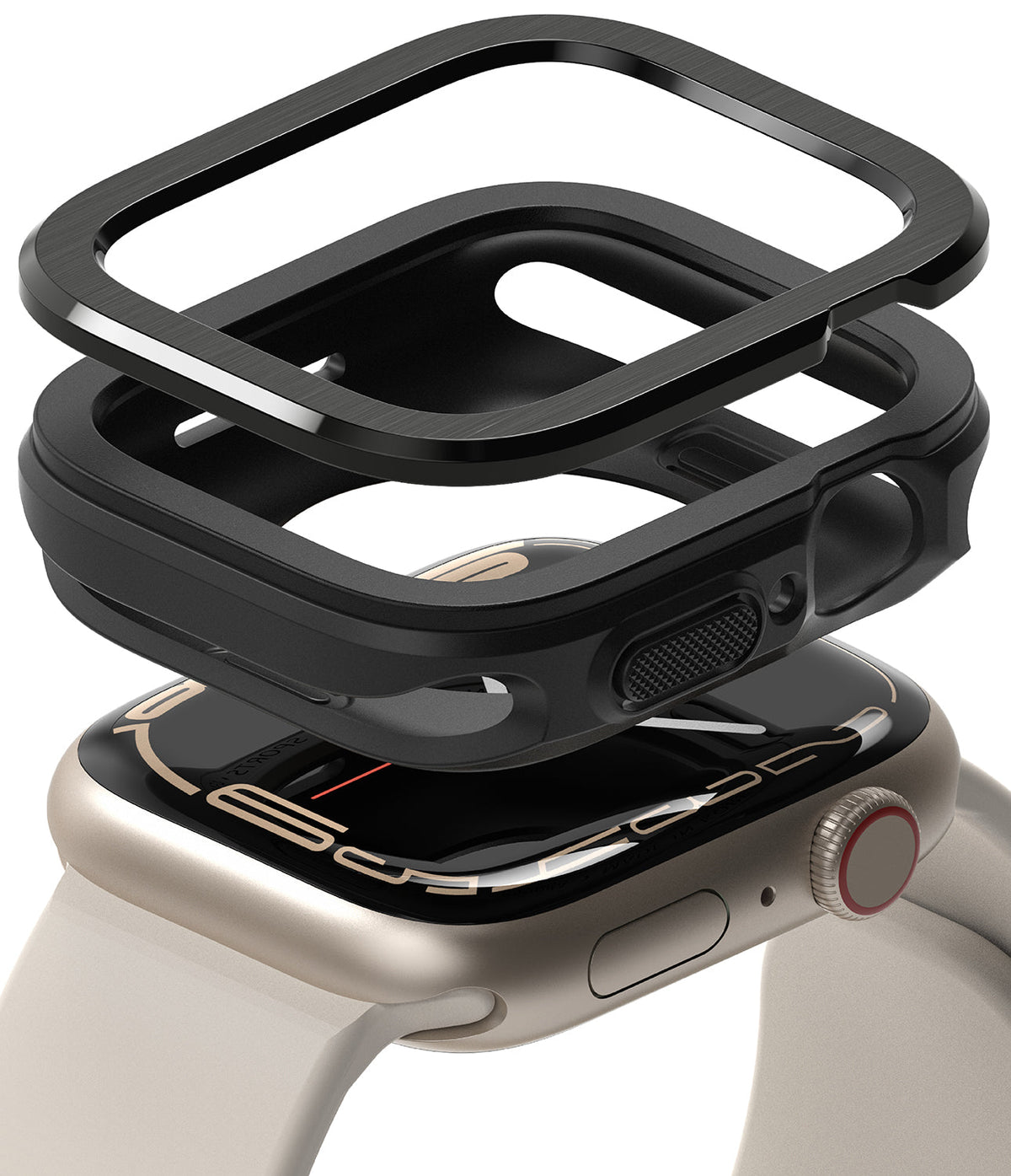 Apple Watch Series (45mm / 44mm) | Air Sports (Black) + Bezel Styling - Exploded view of a black protective watch case.