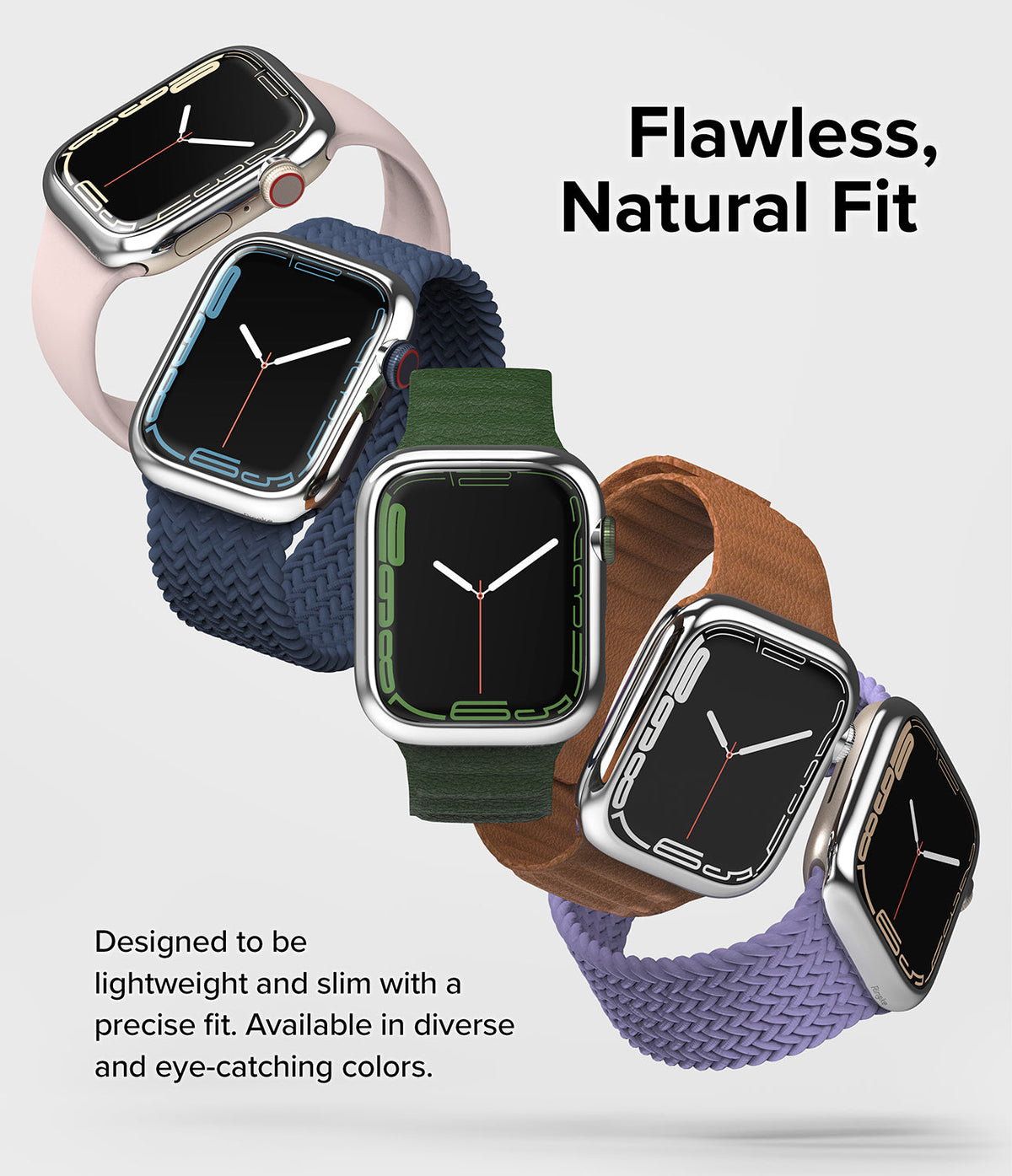 Apple Watch 9 / 8 / 7 (41mm) | Bezel Styling - Four Apple Watches with silver bezels and various colorful bands.