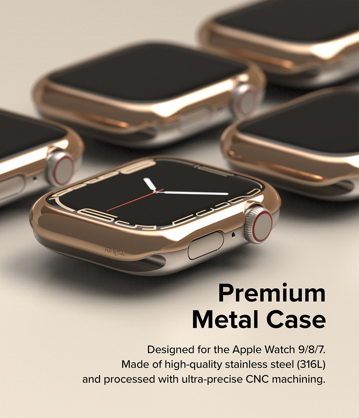 Apple Watch 9 / 8 / 7 (41mm) | Bezel Styling - Multiple gold-toned stainless steel protective cases for Apple Watch.