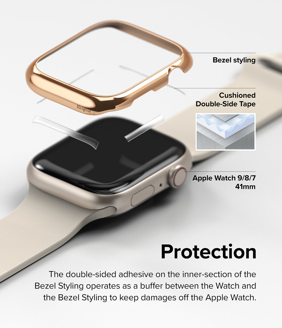 Apple Watch 9 / 8 / 7 (41mm) | Bezel Styling - Exploded view of a rose gold bezel cover hovering over an Apple Watch.