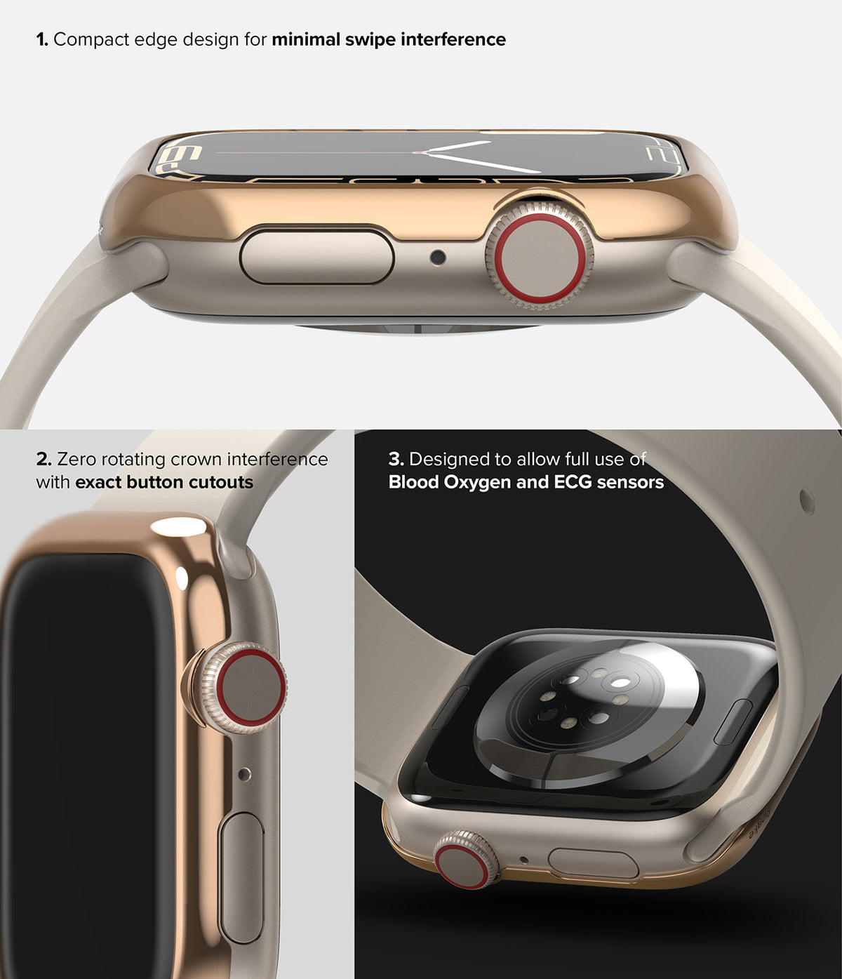 Apple Watch 9 / 8 / 7 (41mm) | Bezel Styling - Gold protective bezel showing button cutouts and sensor accessibility.