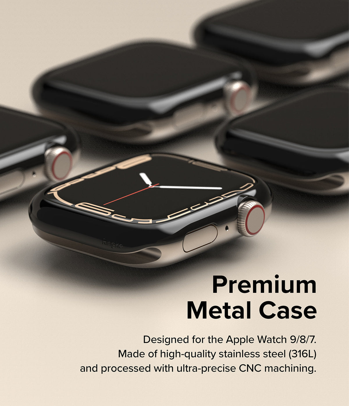Apple Watch 9 / 8 / 7 (41mm) | Bezel Styling - Multiple black stainless steel bezel covers for Apple Watch on a beige background.