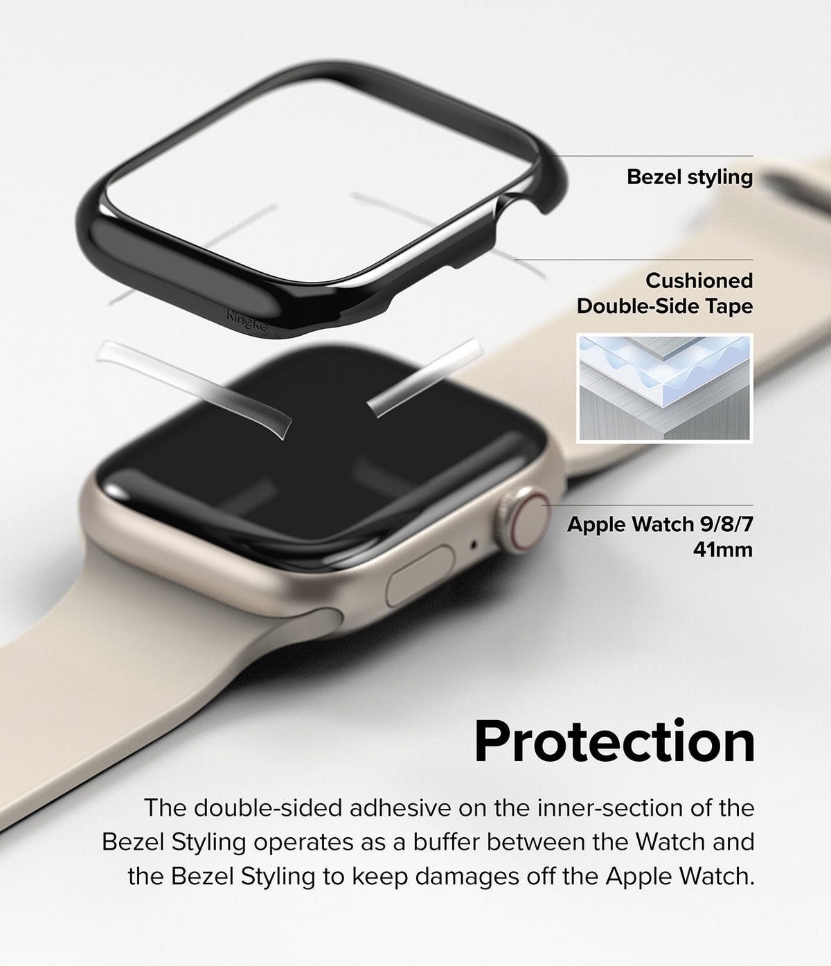 Apple Watch 9 / 8 / 7 (41mm) | Bezel Styling - Exploded view of a black bezel cover hovering over an Apple Watch.