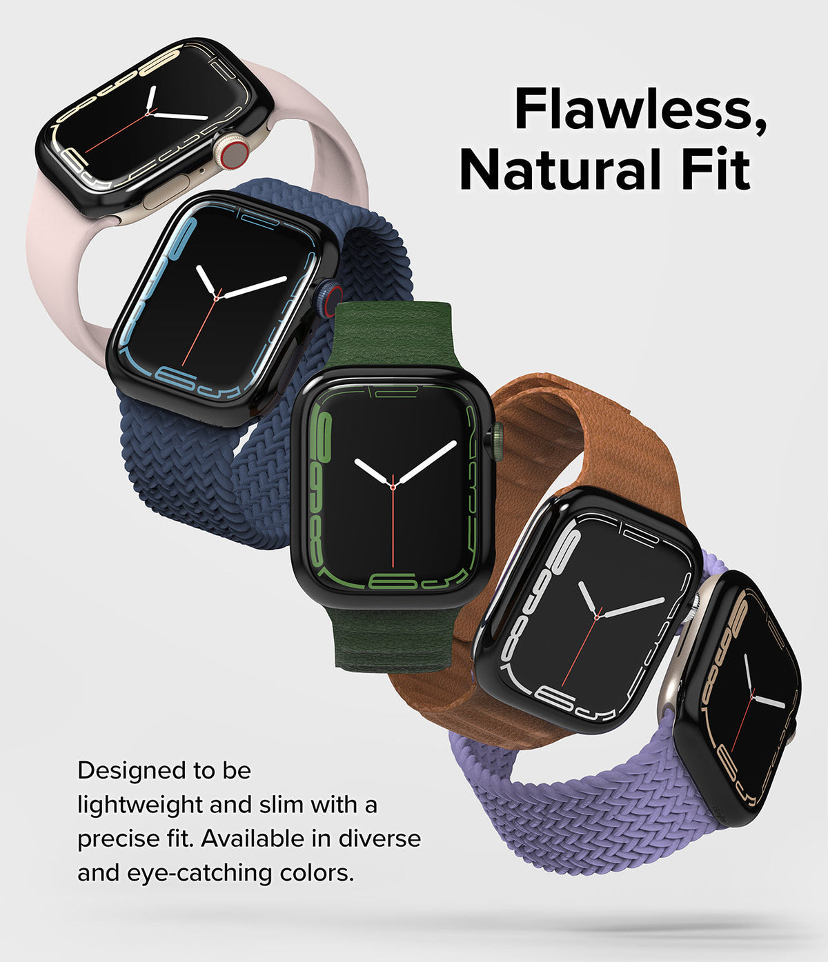 Apple Watch 9 / 8 / 7 (41mm) | Bezel Styling - Five Apple Watches with colorful bands and protective bezels floating.