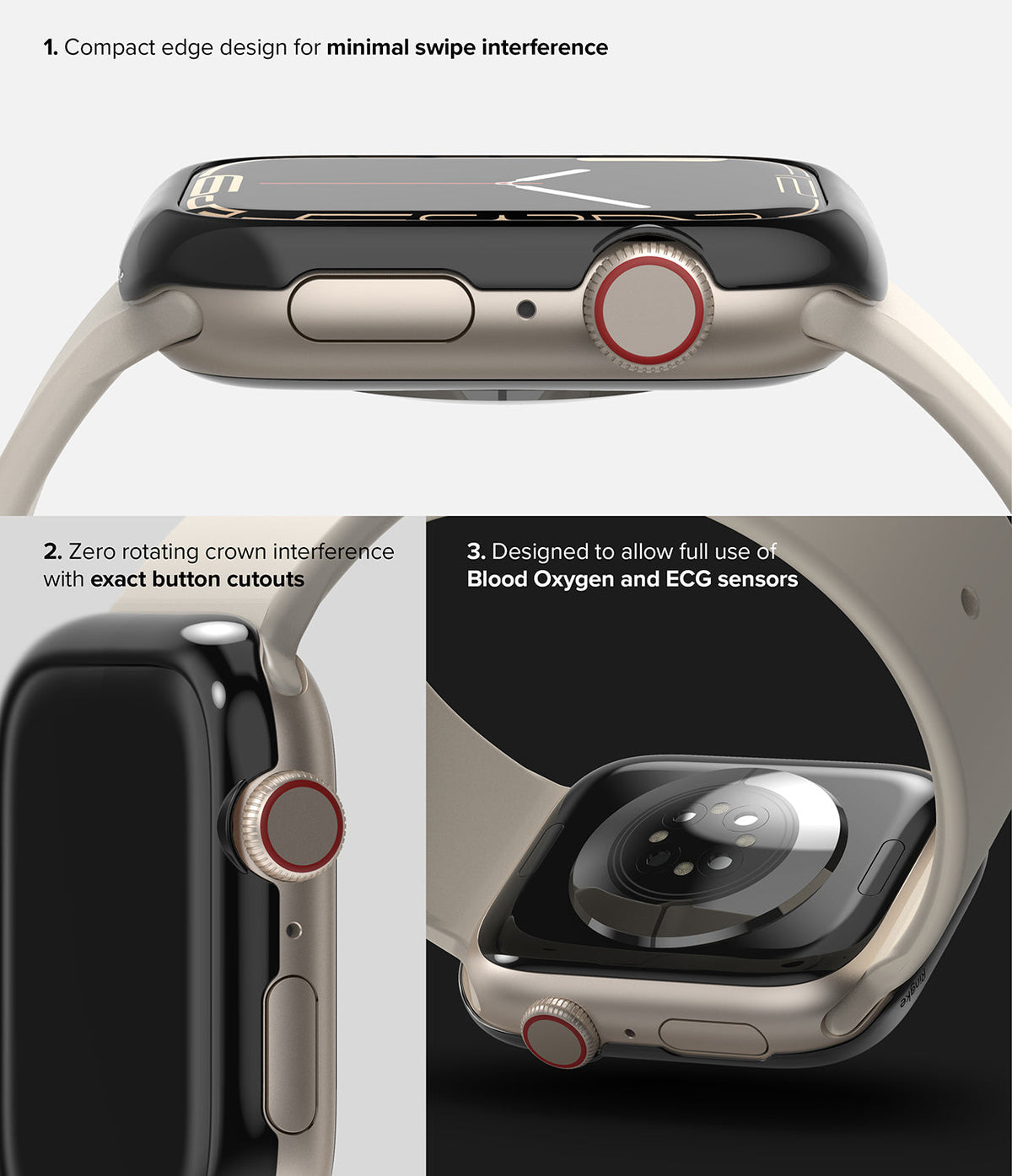Apple Watch 9 / 8 / 7 (41mm) | Bezel Styling - Close-up views of a black bezel cover showing button access and sensor clearance.
