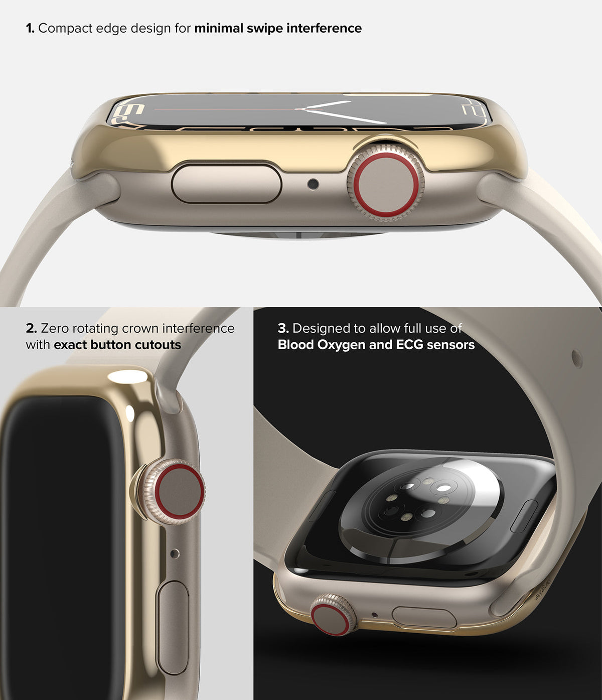 Apple Watch 9 / 8 / 7 (41mm) | Bezel Styling - Gold protective bezel on Apple Watch showing button and sensor access.