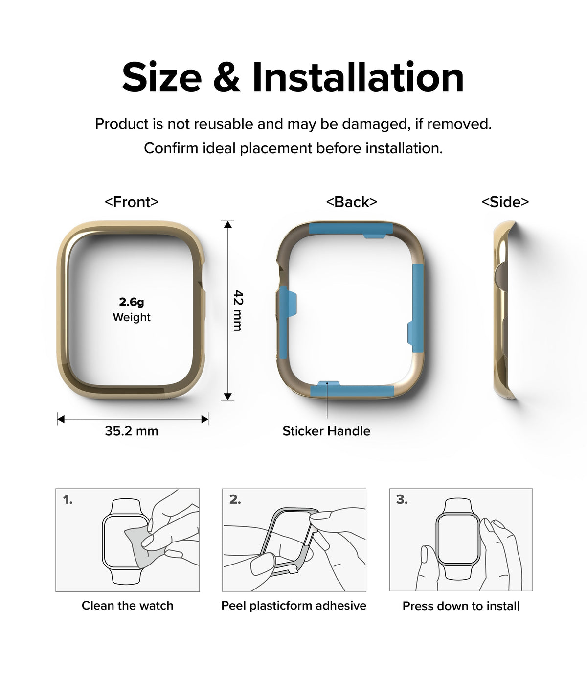 Apple Watch 9 / 8 / 7 (41mm) | Bezel Styling - Dimensions, weight, and three-step installation guide for a gold watch bezel.