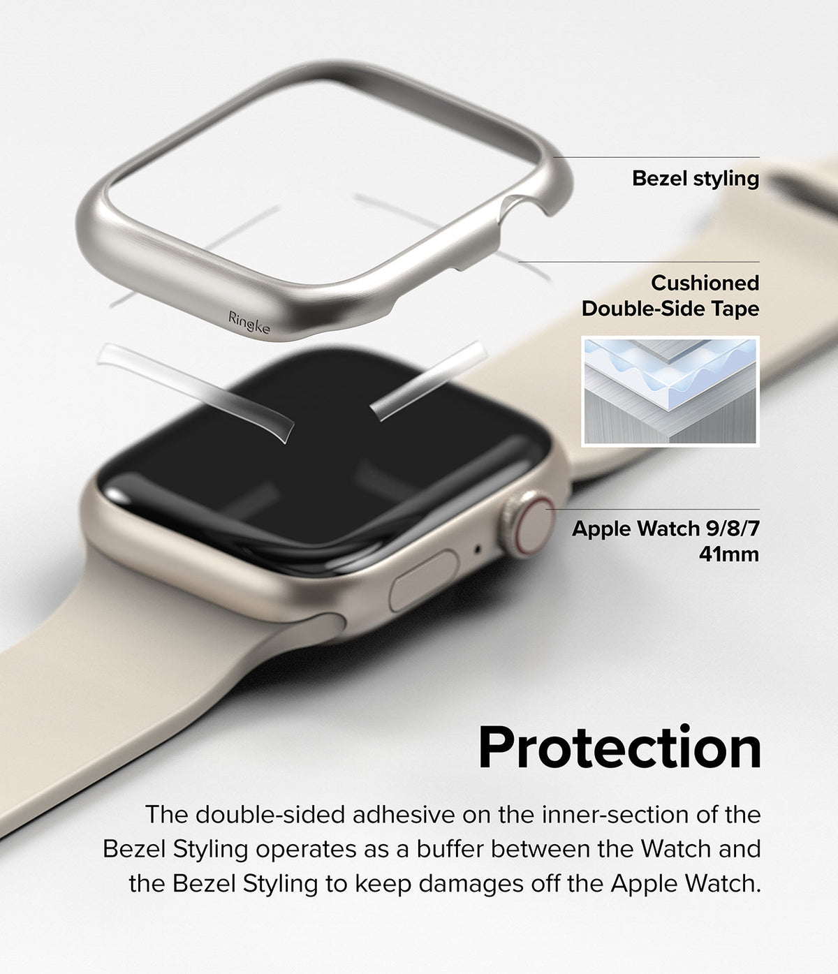 Apple Watch 9 / 8 / 7 (41mm) | Bezel Styling - Exploded view of a metallic bezel cover attaching to an Apple Watch.