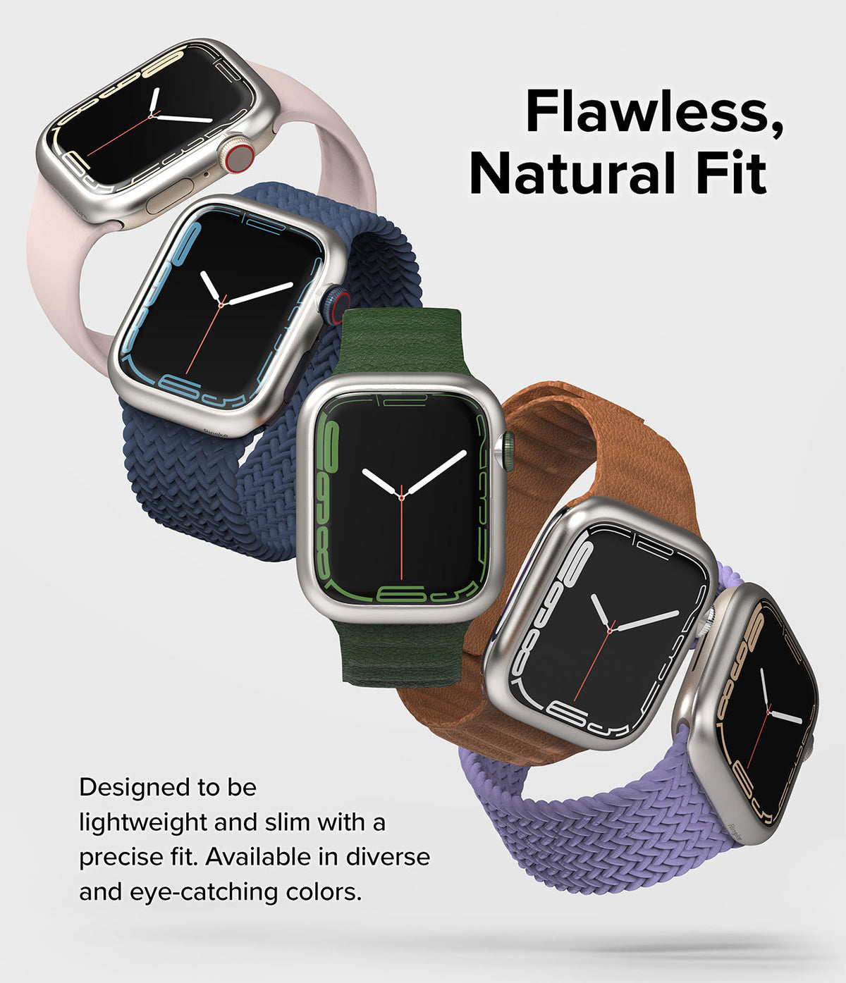 Apple Watch 9 / 8 / 7 (41mm) | Bezel Styling - Five Apple Watches with colorful protective bezels and bands floating.