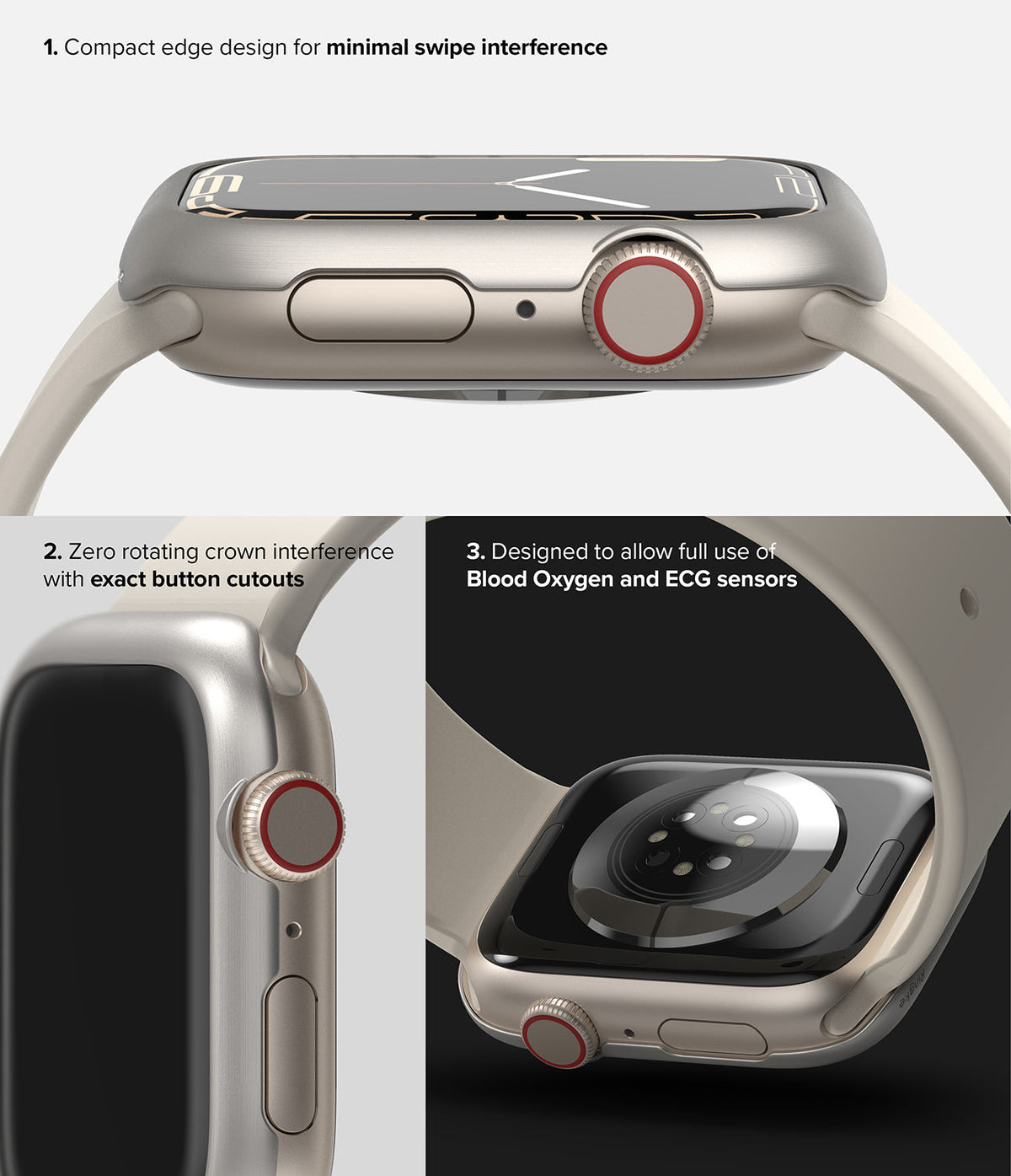 Apple Watch 9 / 8 / 7 (41mm) | Bezel Styling - Close-up views of a metallic watch bezel highlighting button access.