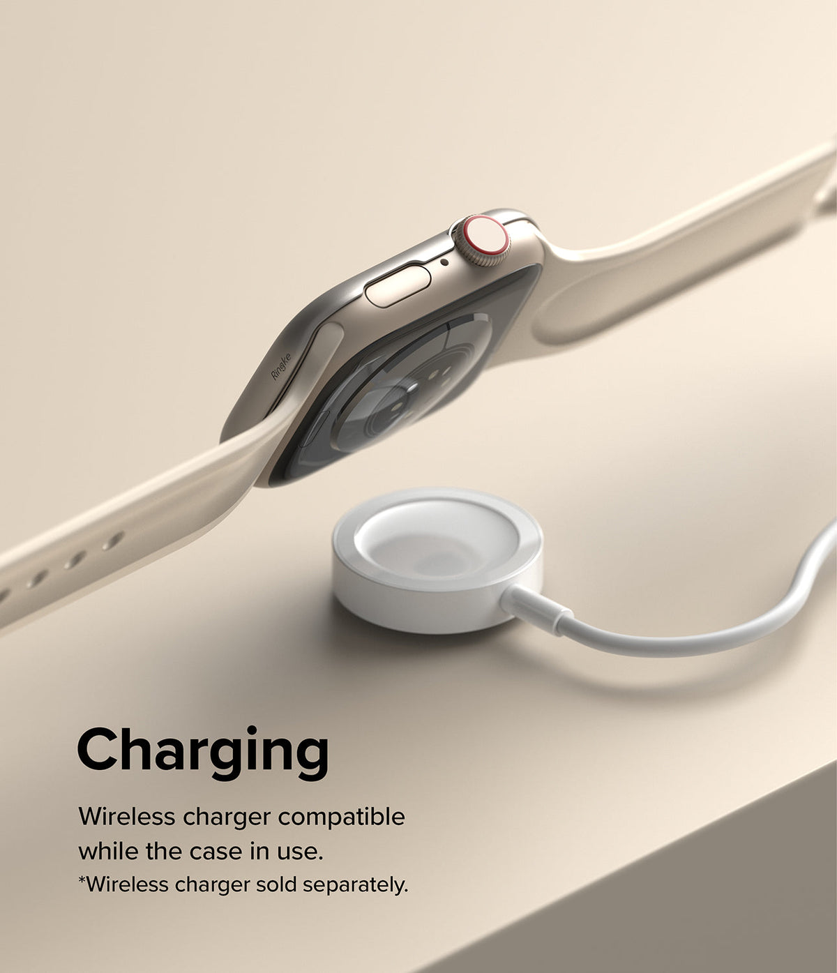 Apple Watch 9 / 8 / 7 (41mm) | Bezel Styling - Apple Watch with a protective case hovering above a wireless charger.