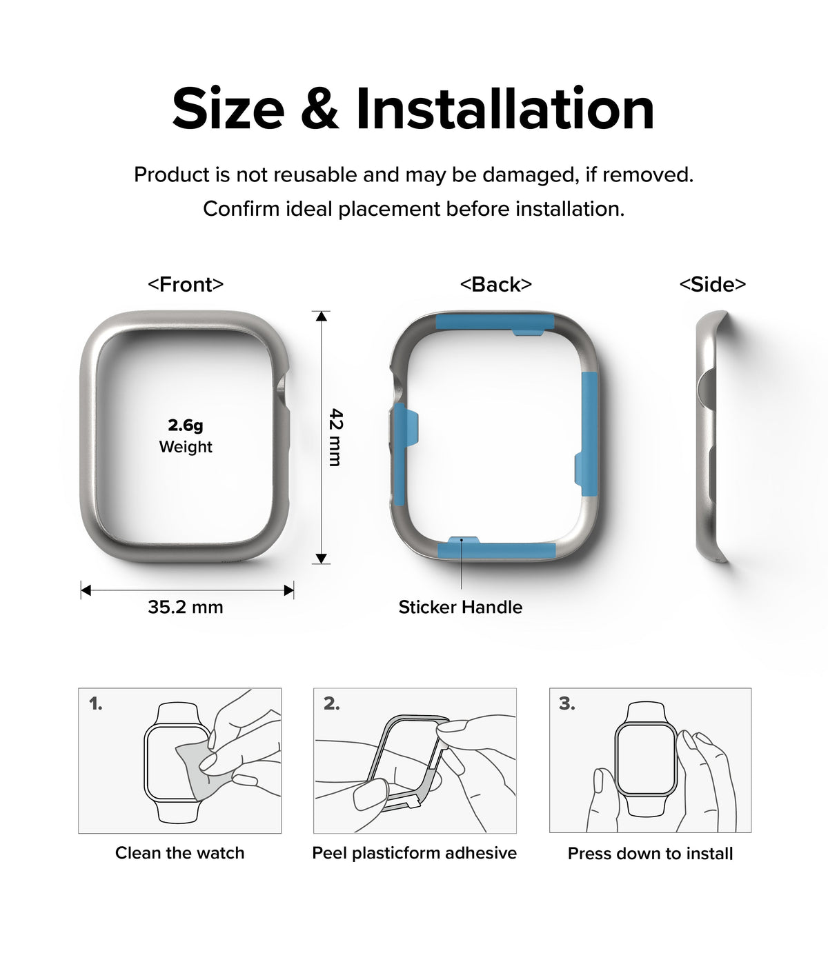 Apple Watch 9 / 8 / 7 (41mm) | Bezel Styling - Technical diagram showing dimensions, weight, and three-step installation guide.