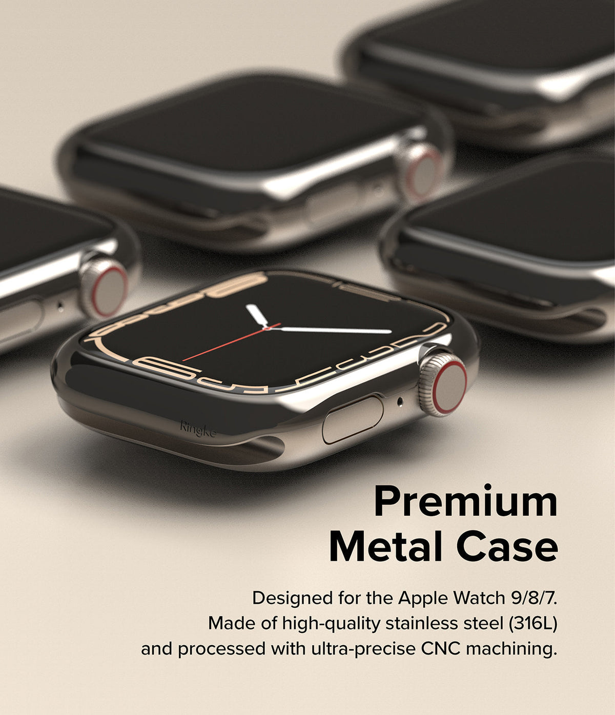 Apple Watch 9 / 8 / 7 (41mm) | Bezel Styling - Multiple stainless steel Apple Watch cases arranged on a neutral surface.