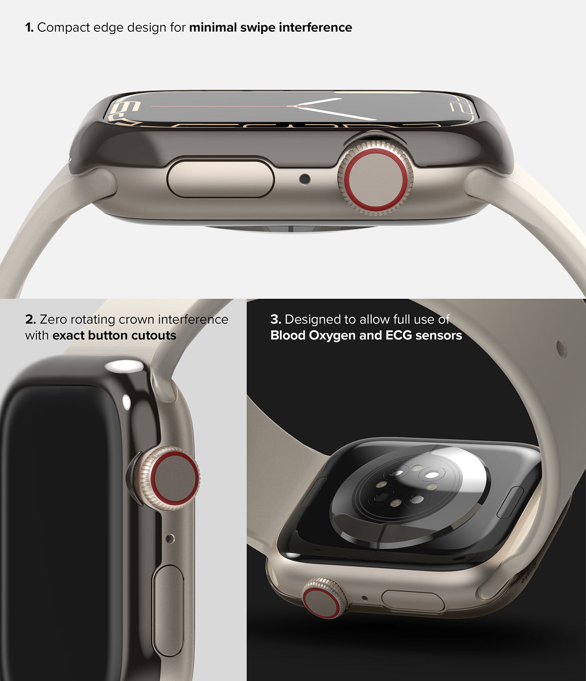 Apple Watch 9 / 8 / 7 (41mm) | Bezel Styling - Three views of a protective watch bezel highlighting fit, cutouts, and sensor access.