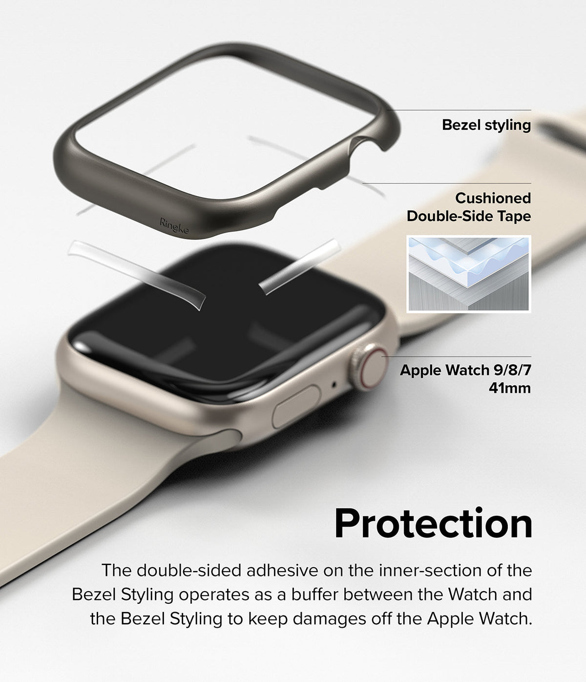 Apple Watch 9 / 8 / 7 (41mm) | Bezel Styling - Exploded view of a protective bezel cover with adhesive tape for an Apple Watch.