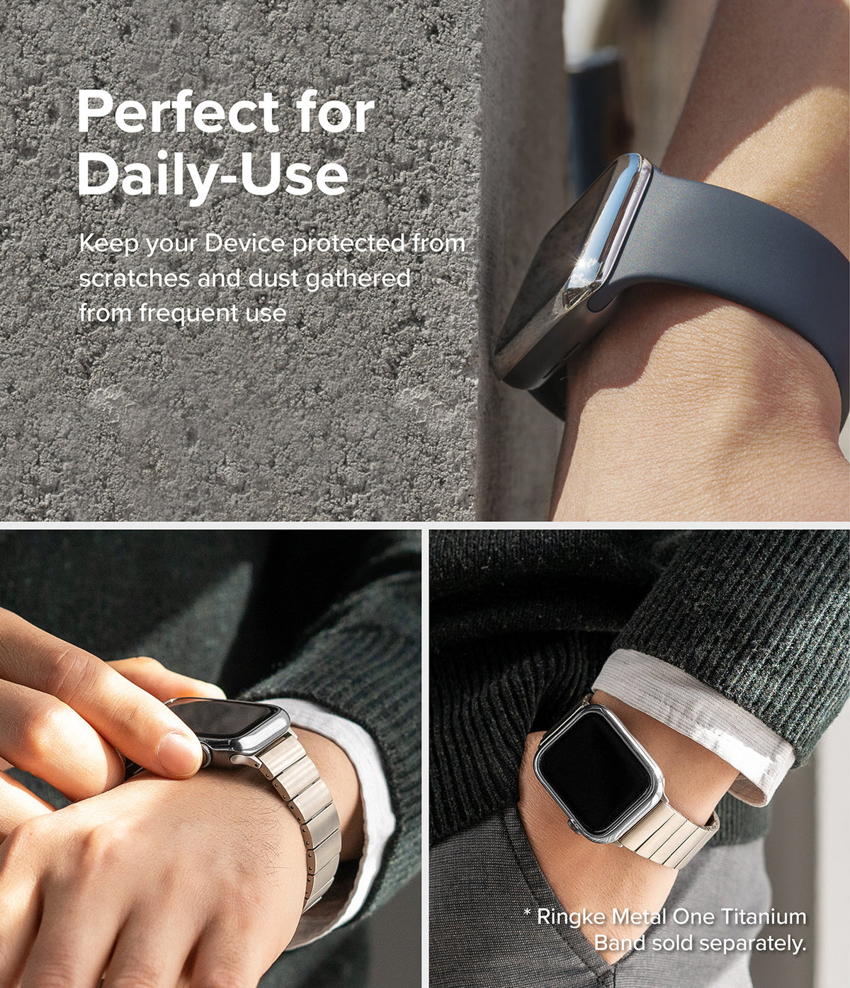 Apple Watch 9 / 8 / 7 (45mm) | Bezel Styling - Close-ups of a metallic protective bezel on an Apple Watch worn on a wrist.