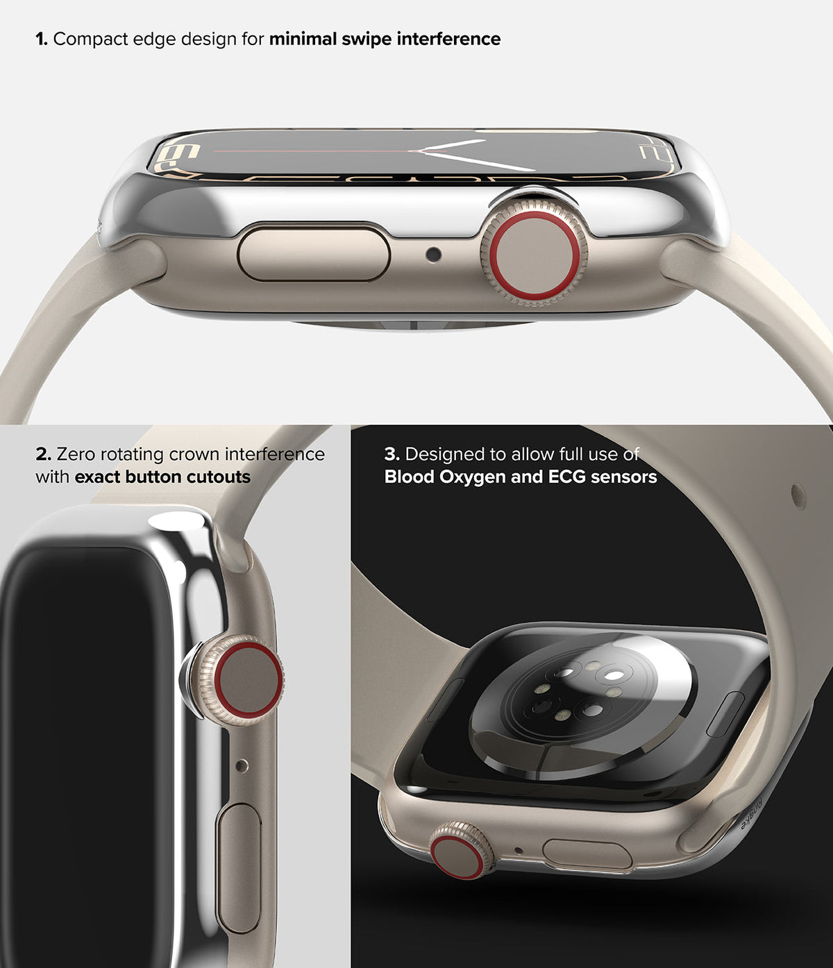 Apple Watch 9 / 8 / 7 (45mm) | Bezel Styling - Three views showing a silver watch bezel with precise button cutouts.