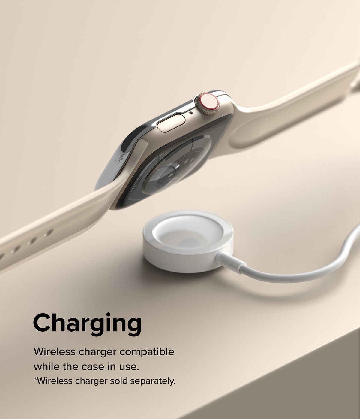 Apple Watch 9 / 8 / 7 (45mm) | Bezel Styling - Apple Watch with protective case hovering above a wireless charger.