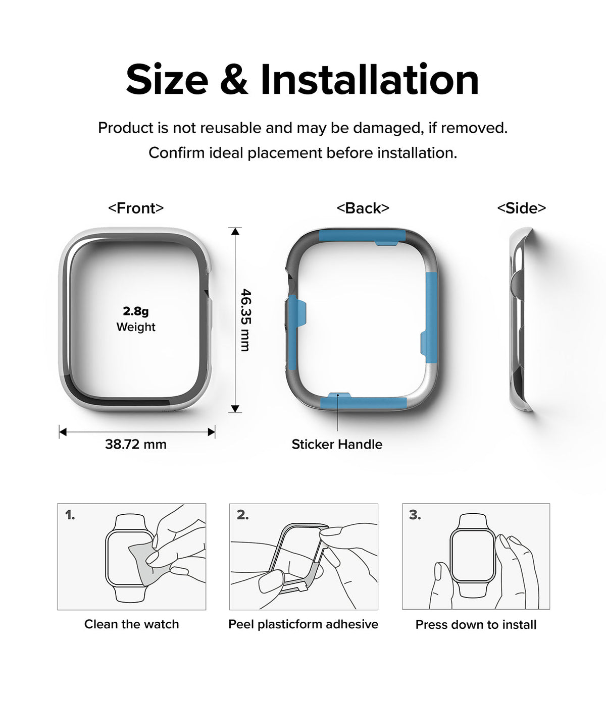 Apple Watch 9 / 8 / 7 (45mm) | Bezel Styling - Dimensions, weight, and three-step installation guide for the watch bezel.