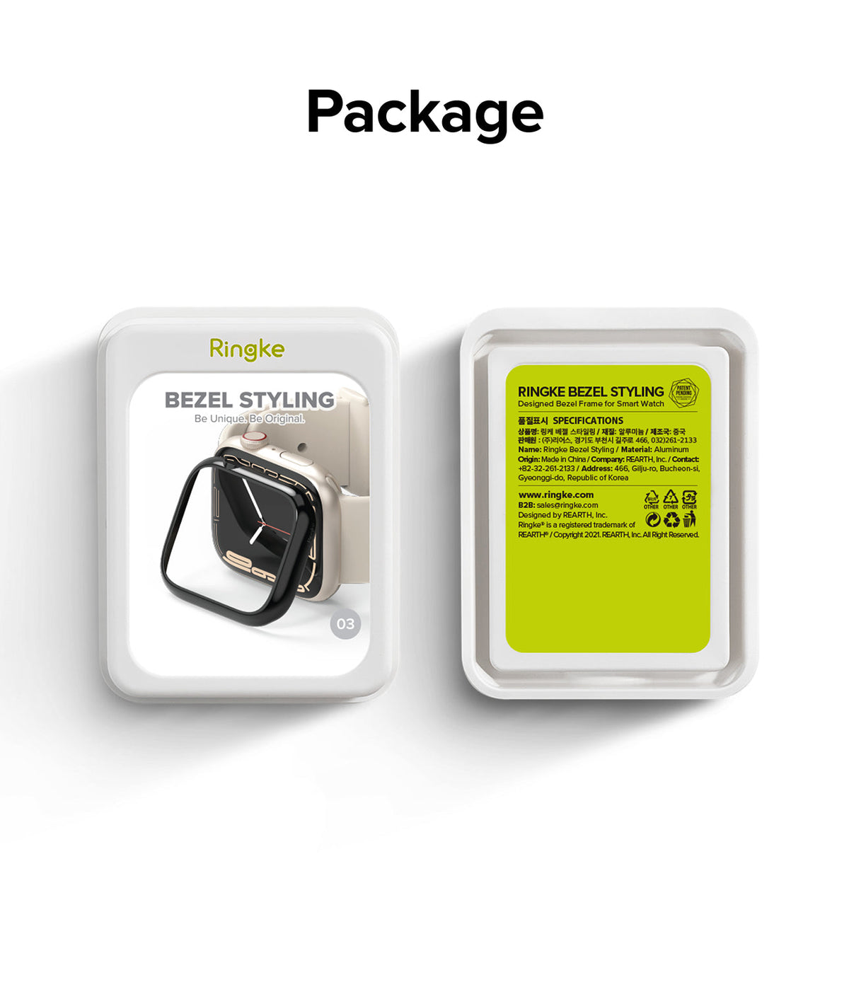Apple Watch 9 / 8 / 7 (45mm) | Bezel Styling - Ringke bezel styling packaging showing product image and specifications.