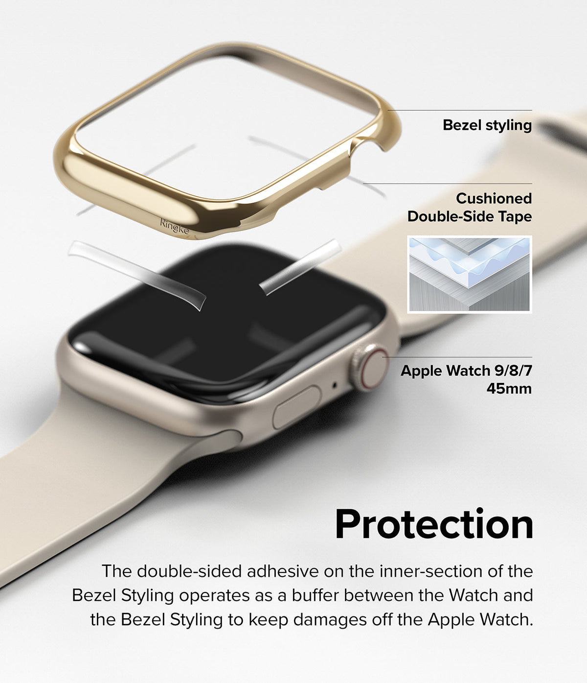 Apple Watch 9 / 8 / 7 (45mm) | Bezel Styling - Gold bezel cover hovering above an Apple Watch with adhesive tape.