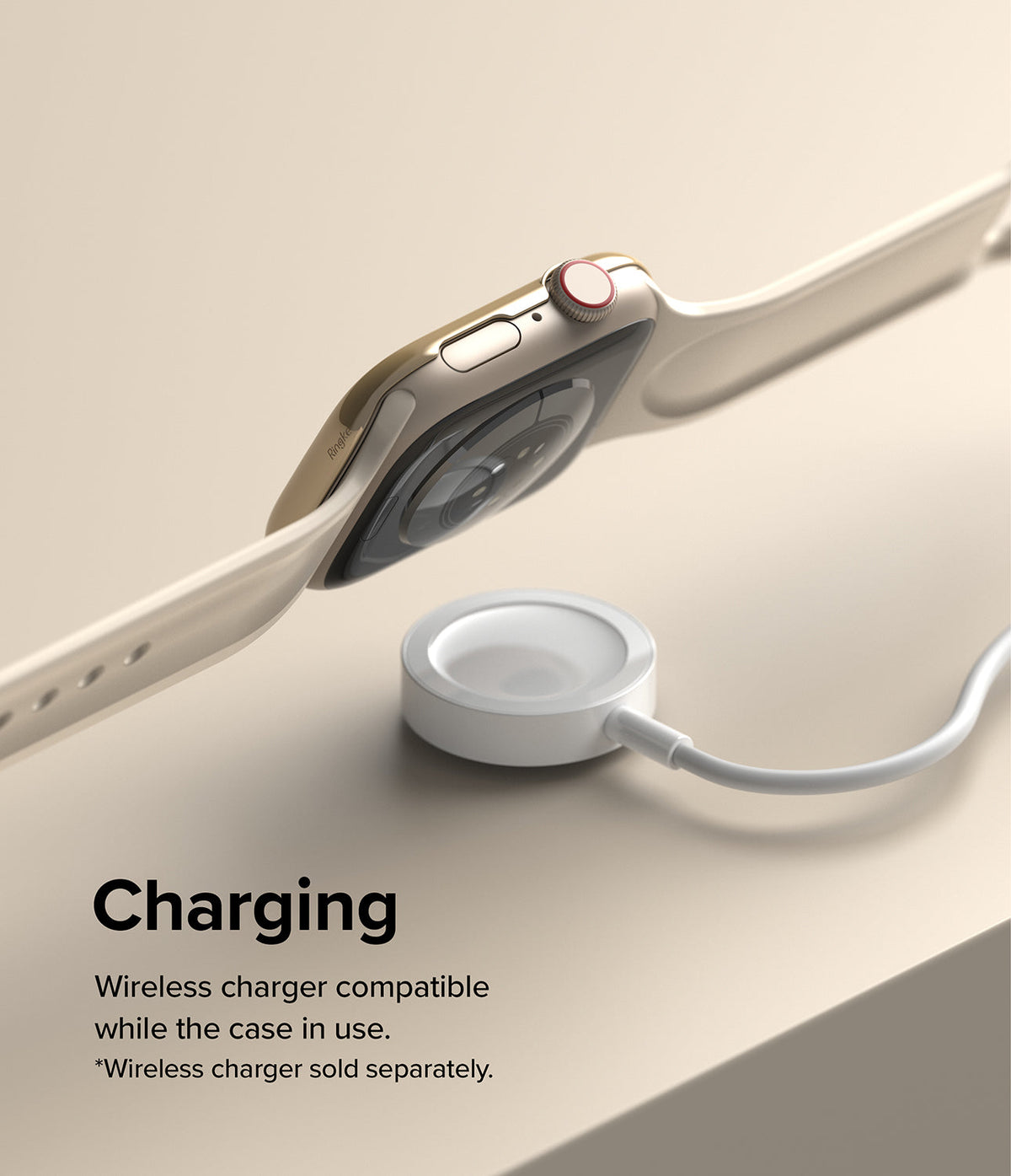 Apple Watch 9 / 8 / 7 (45mm) | Bezel Styling - Gold Apple Watch with protective case hovering above a wireless charger.