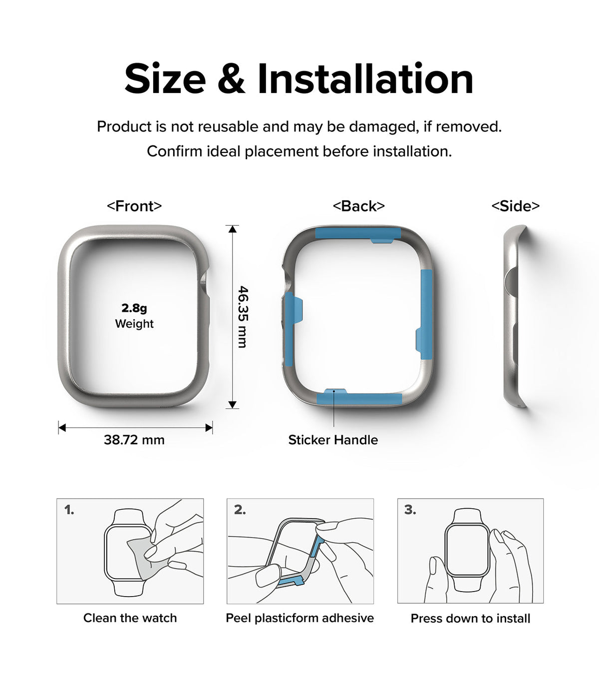 Apple Watch 9 / 8 / 7 (45mm) | Bezel Styling - Dimensions, adhesive placement, and three-step installation guide.