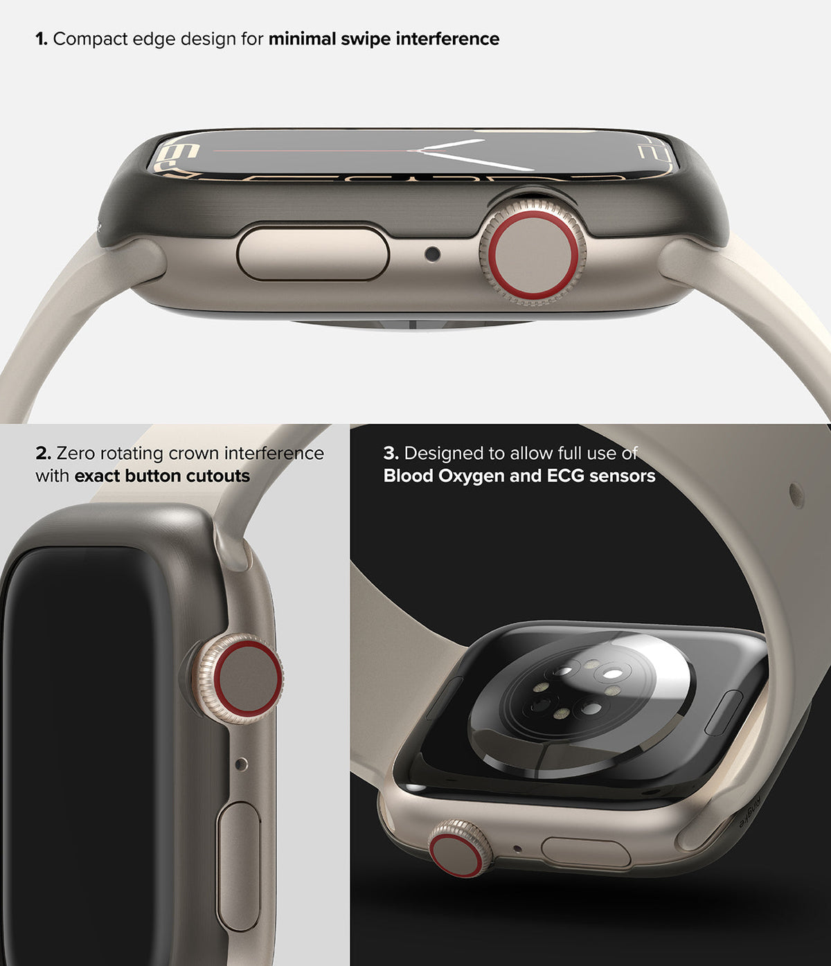 Apple Watch 9 / 8 / 7 (45mm) | Bezel Styling - Three views of a protective bezel showing precise cutouts and sensor access.