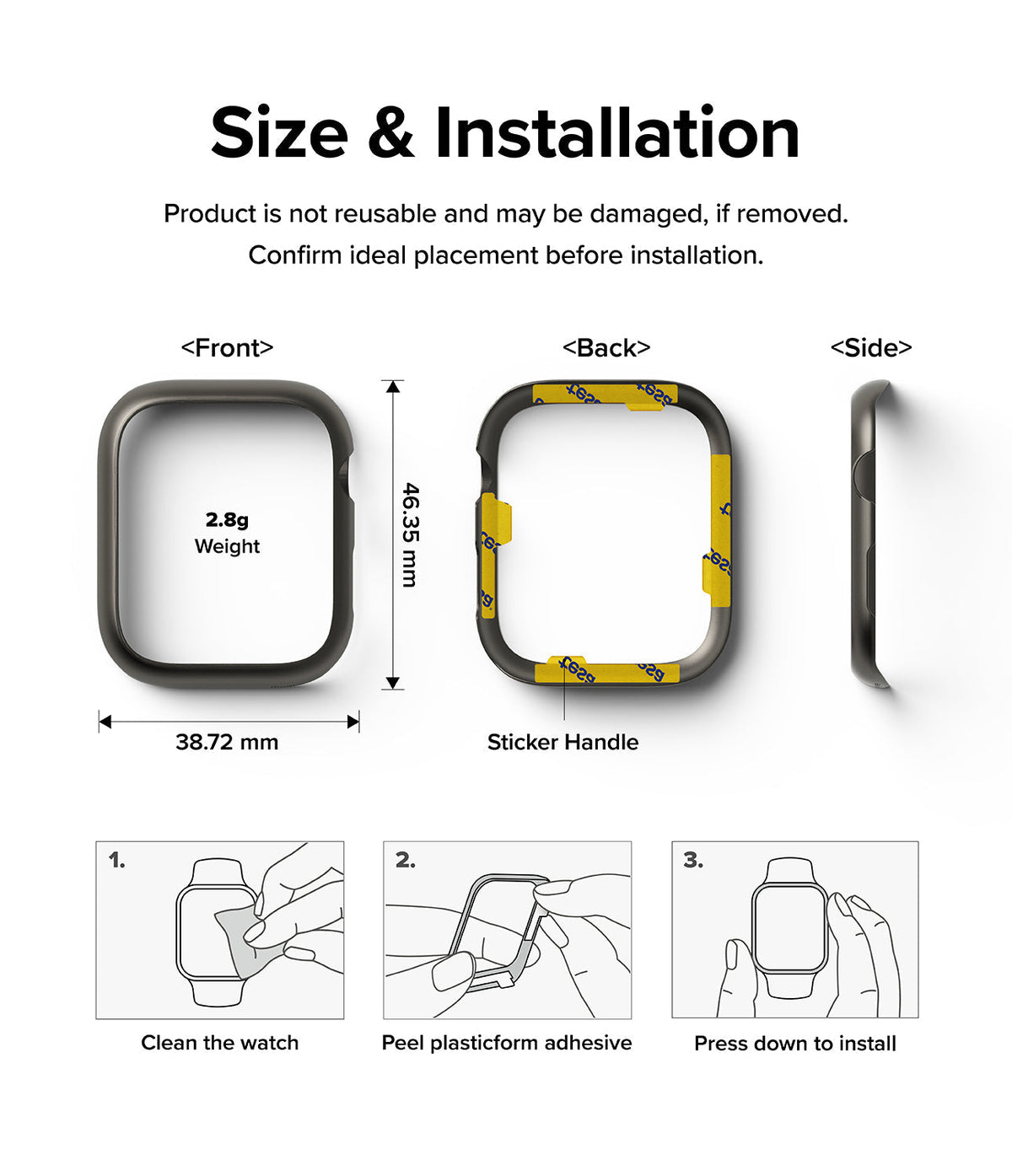 Apple Watch 9 / 8 / 7 (45mm) | Bezel Styling - Dimensions, adhesive backing, and three-step installation guide for bezel.