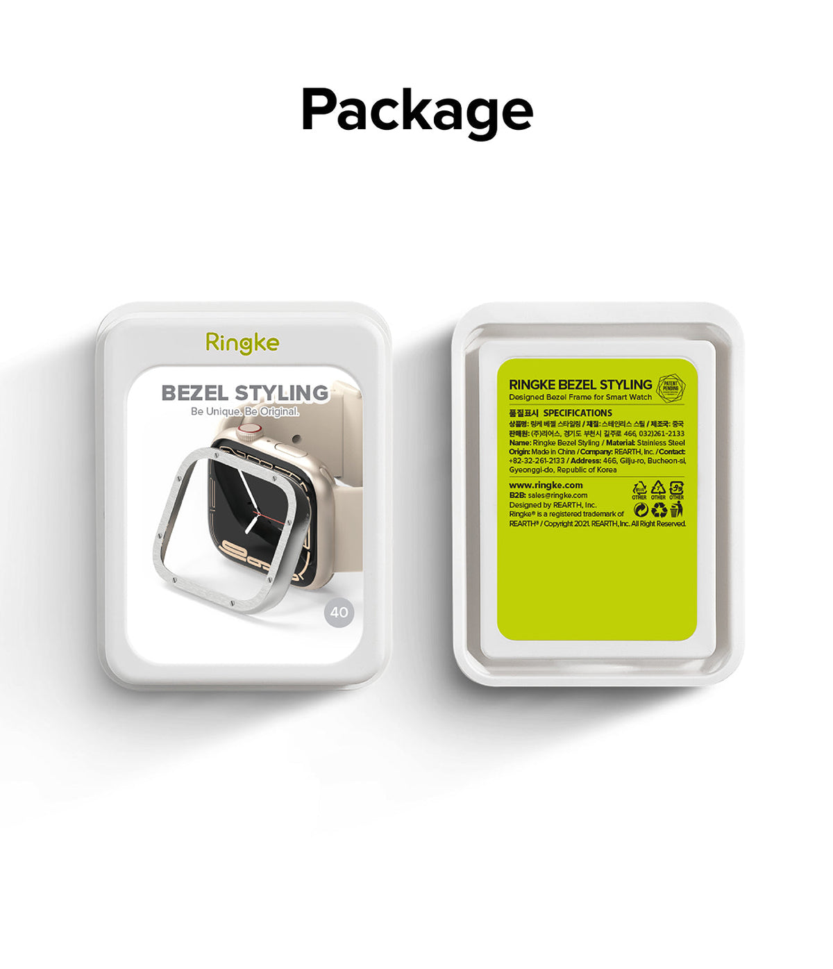 Apple Watch 9 / 8 / 7 (41mm) | Bezel Styling Premium - Front and back view of Ringke Bezel Styling retail packaging.