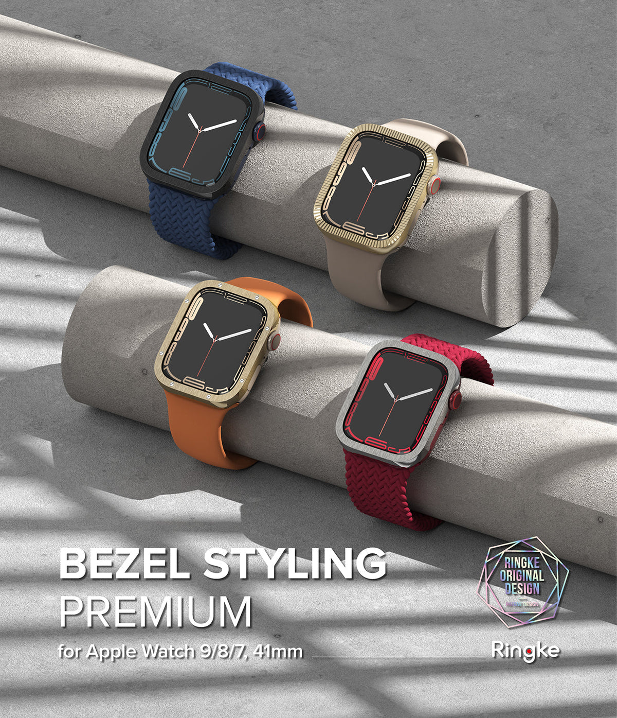 Apple Watch 9 / 8 / 7 (41mm) | Bezel Styling Premium - Four Apple Watches with metallic bezels on concrete cylinders.