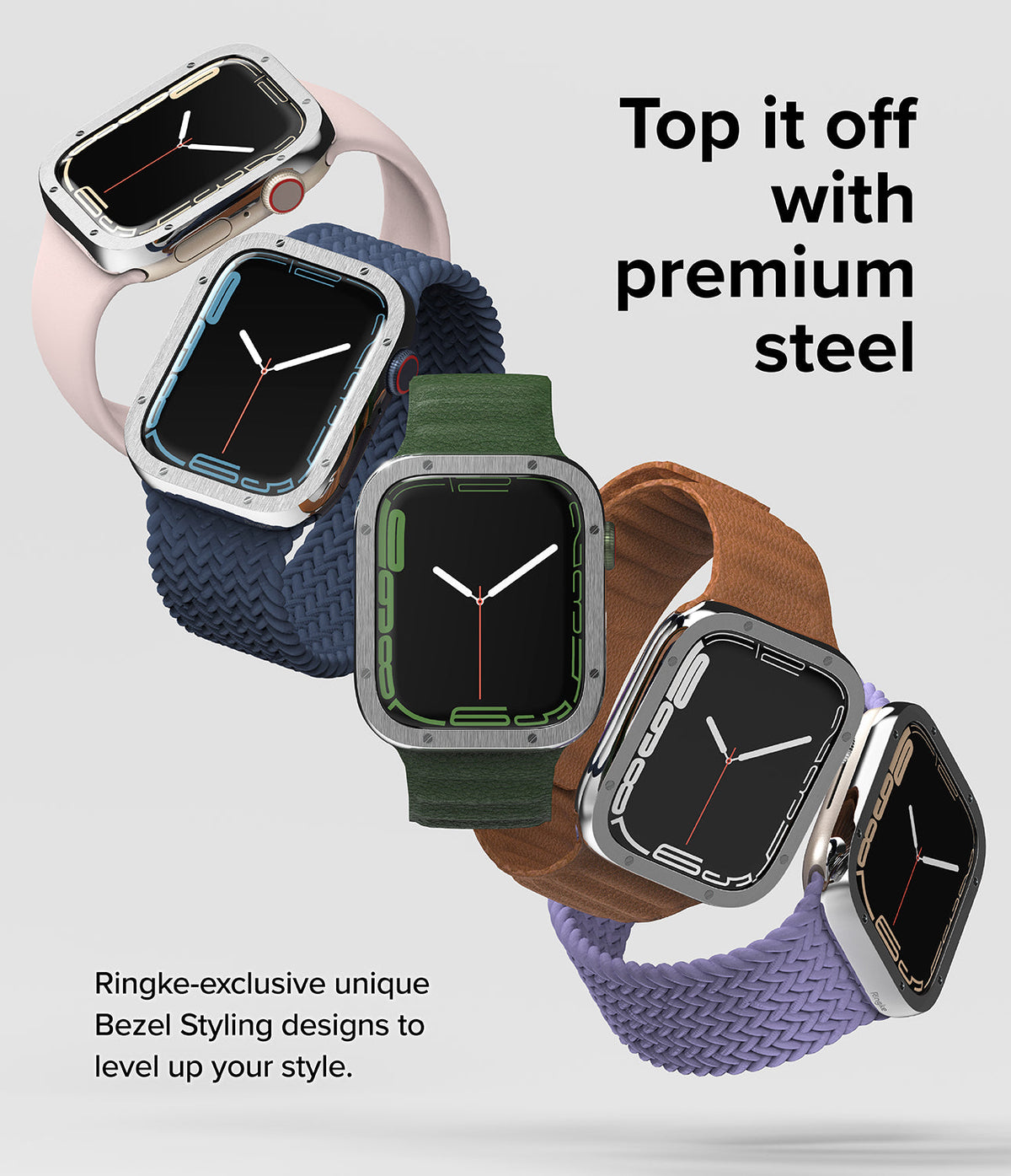Apple Watch 9 / 8 / 7 (41mm) | Bezel Styling Premium - Five Apple Watches with various metallic bezel covers and bands.