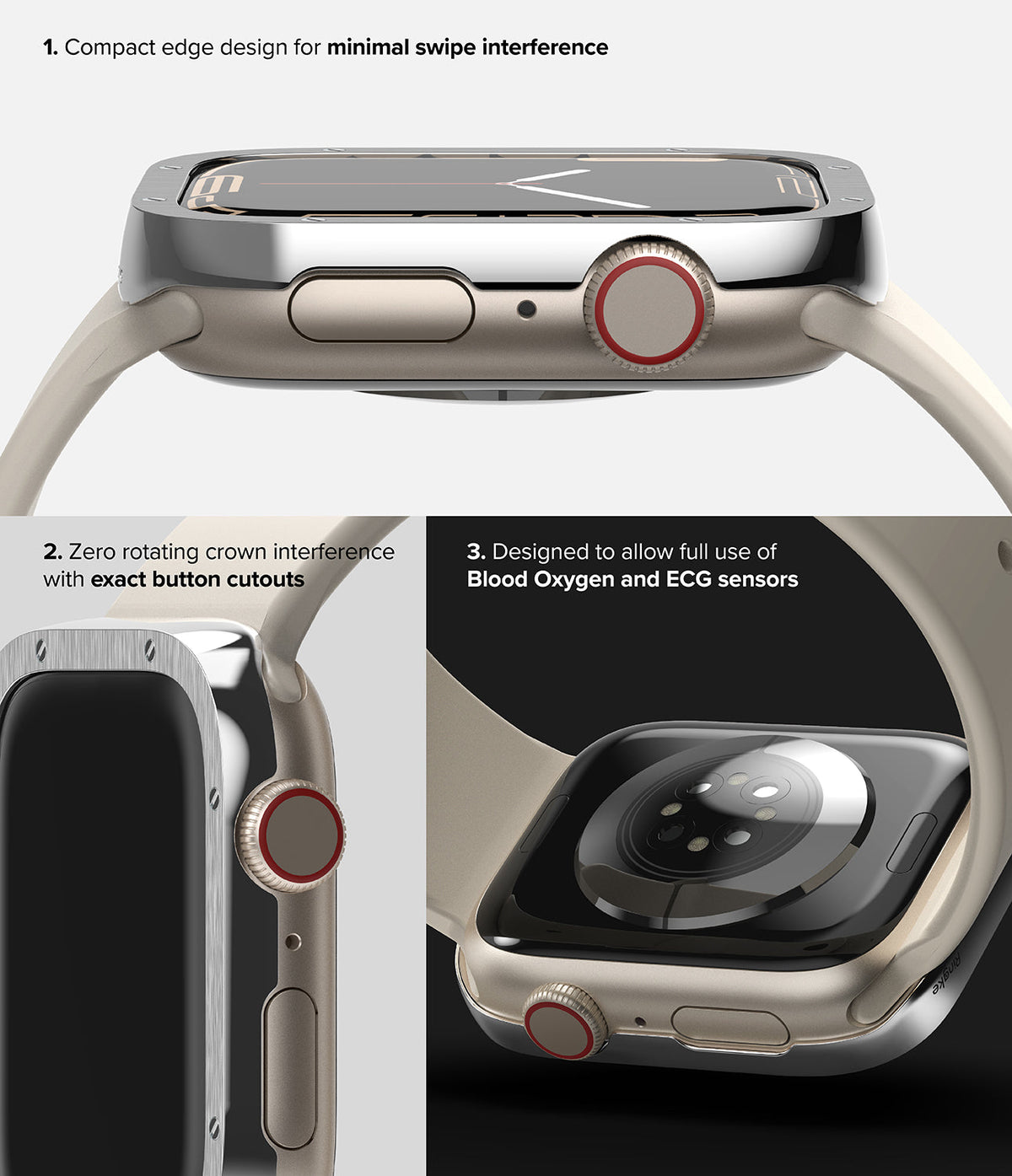 Apple Watch 9 / 8 / 7 (41mm) | Bezel Styling Premium - Close-up views of a metallic watch bezel showing button access.