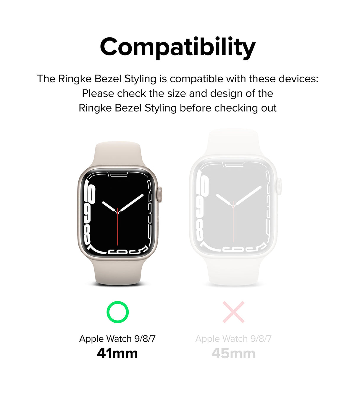 Apple Watch 9 / 8 / 7 (41mm) | Bezel Styling Premium - Compatibility chart showing 41mm watch as correct and 45mm as incorrect.