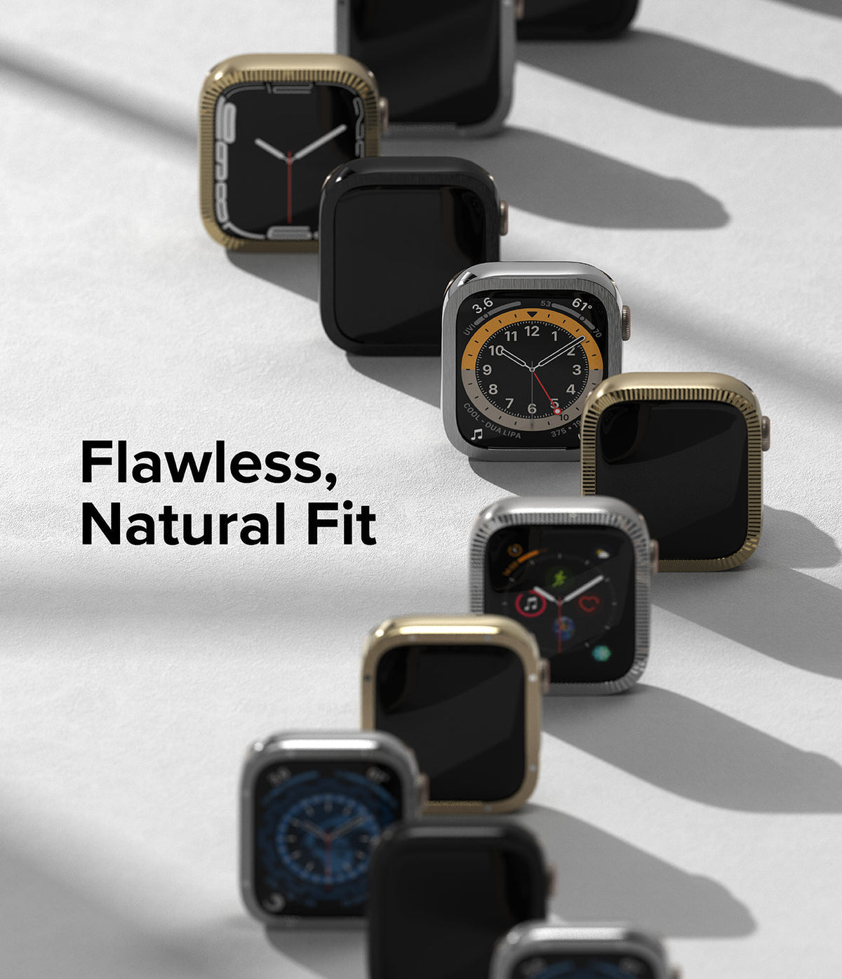 Apple Watch 9 / 8 / 7 (41mm) | Bezel Styling Premium - Multiple Apple Watches with metallic bezels arranged in a row.