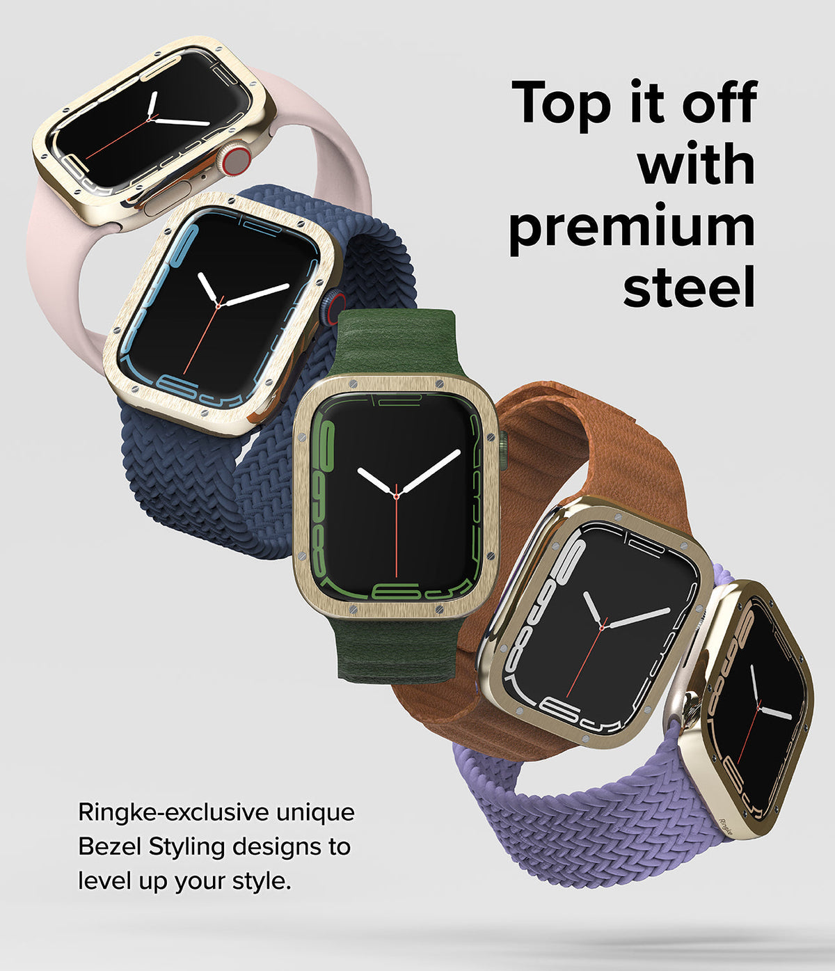 Apple Watch 9 / 8 / 7 (41mm) | Bezel Styling Premium - Five Apple Watches with varied premium steel bezels and bands.