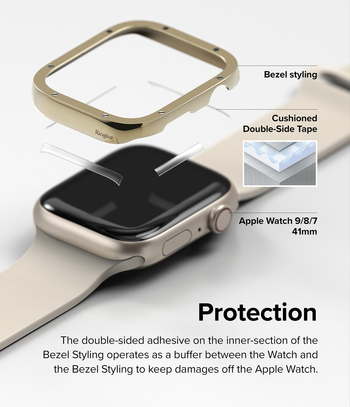 Apple Watch 9 / 8 / 7 (41mm) | Bezel Styling Premium - Exploded view of a gold watch bezel, adhesive tape, and watch.