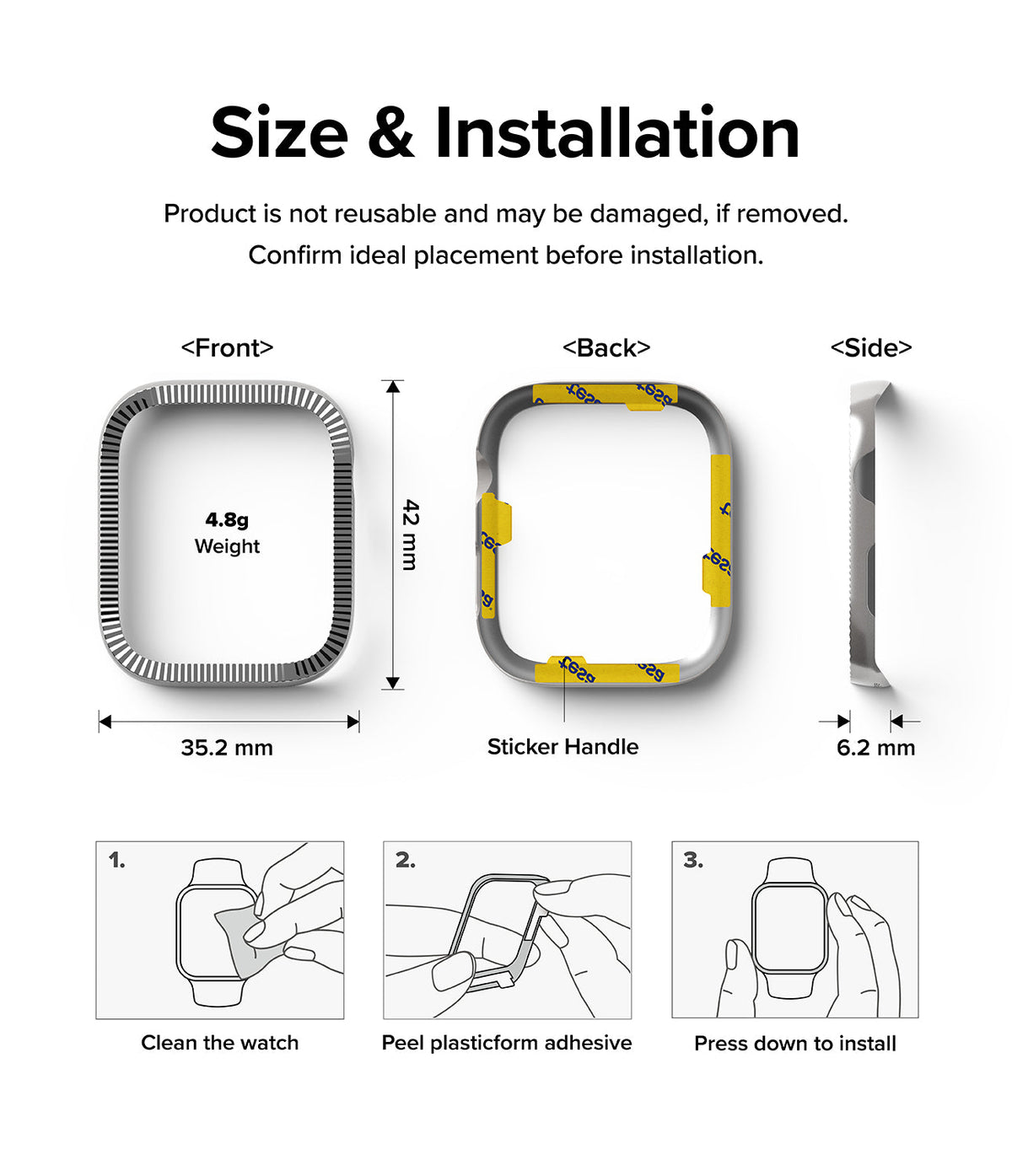Apple Watch 9 / 8 / 7 (41mm) | Bezel Styling Premium - Technical diagram showing dimensions, weight, and 3-step installation guide.