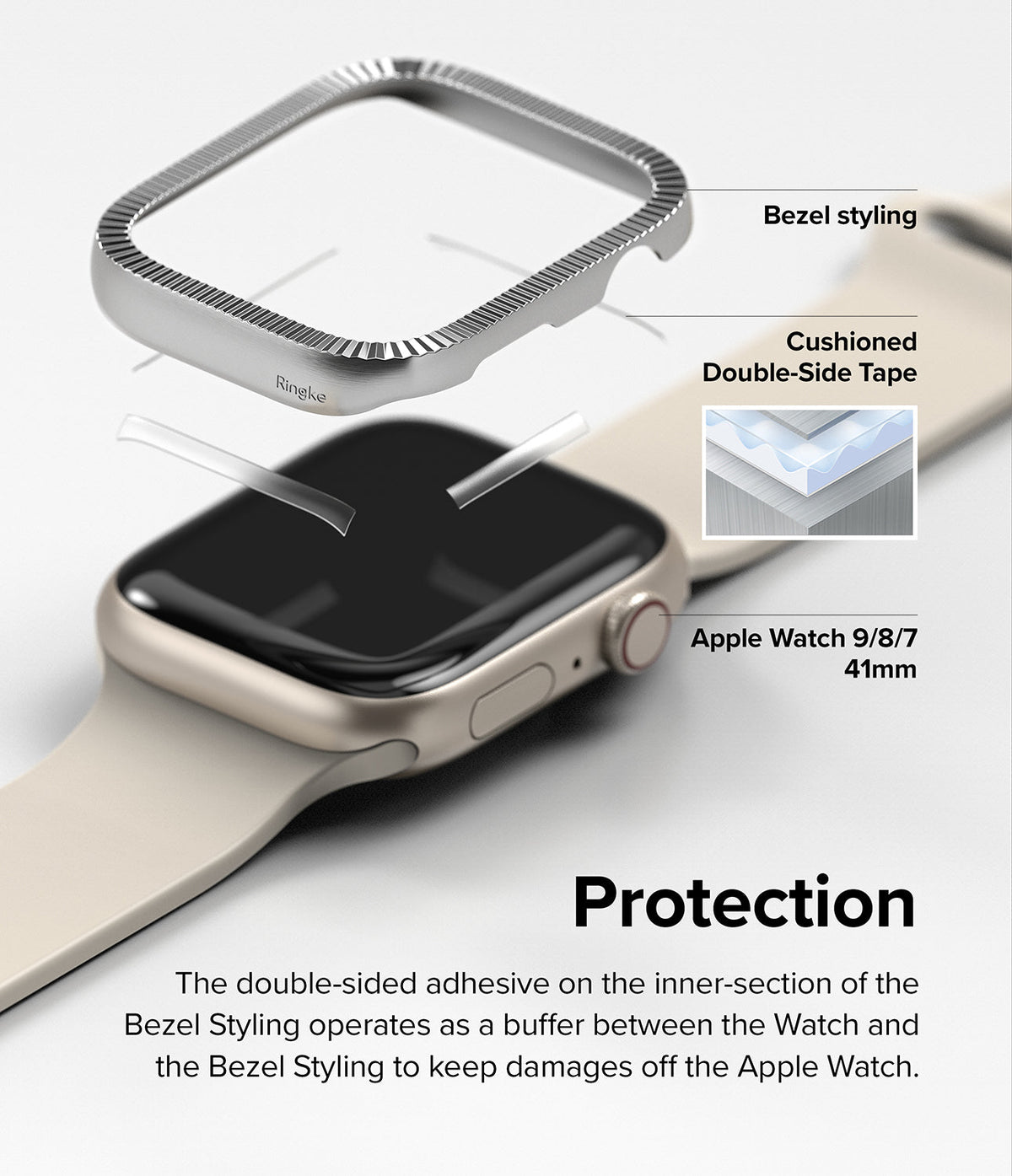 Apple Watch 9 / 8 / 7 (41mm) | Bezel Styling Premium - Exploded view of a silver watch bezel accessory and adhesive.
