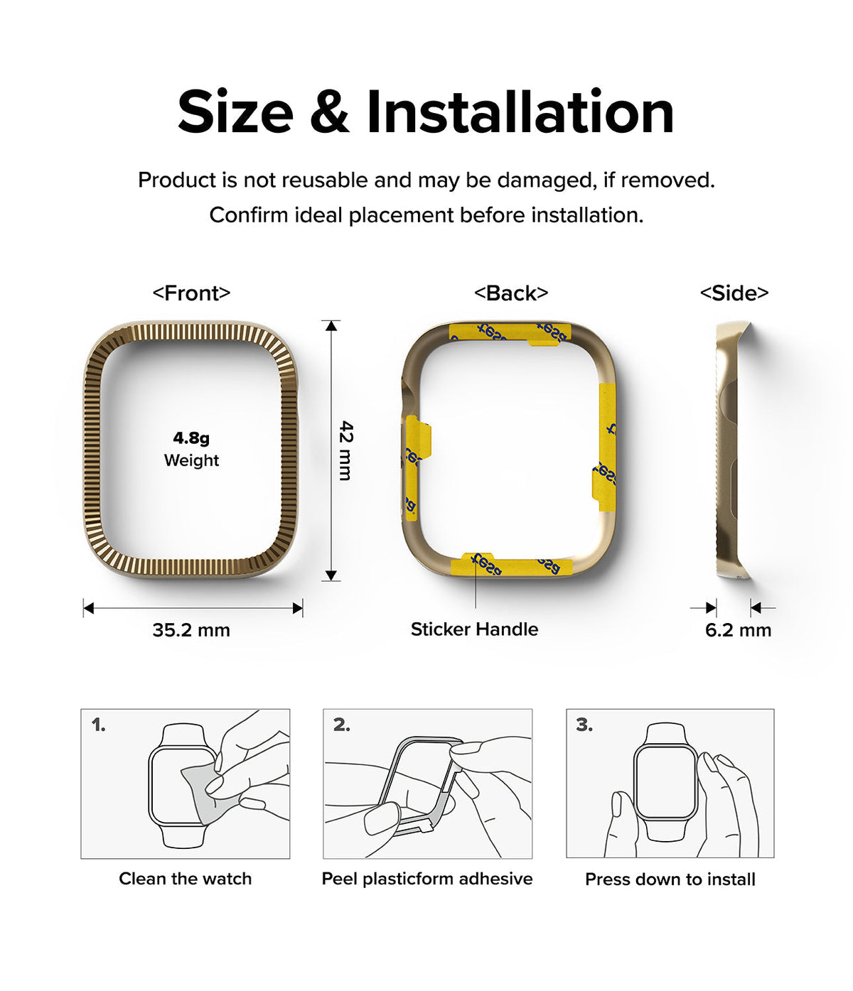 Apple Watch 9 / 8 / 7 (41mm) | Bezel Styling Premium - Technical diagram showing dimensions, weight, and installation steps.