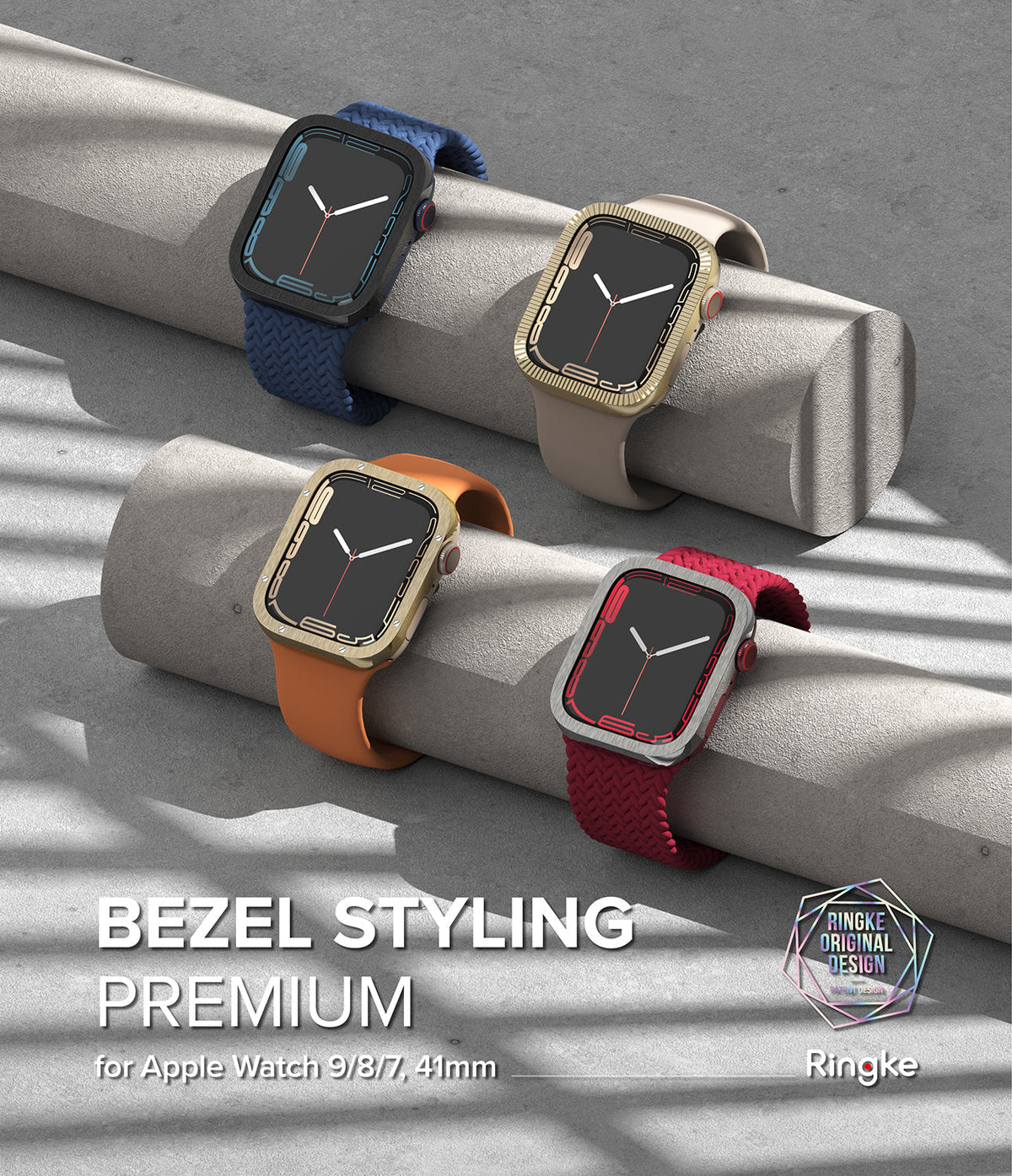 Apple Watch 9 / 8 / 7 (41mm) | Bezel Styling Premium - Four Apple Watches with decorative bezels on concrete stands.