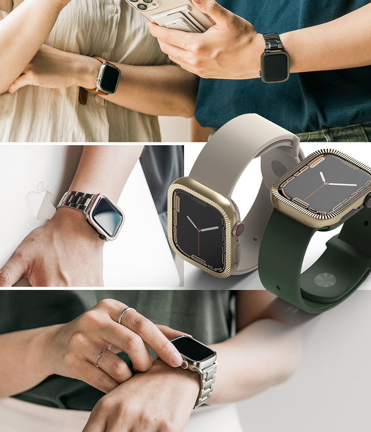 Apple Watch 9 / 8 / 7 (41mm) | Bezel Styling Premium - Collage of Apple Watches with metallic protective bezels.