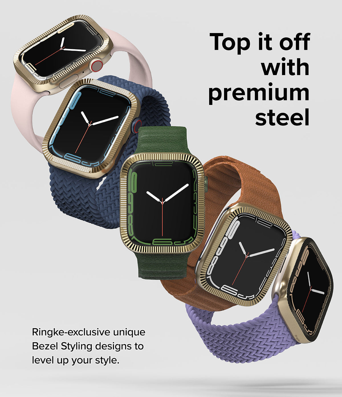 Apple Watch 9 / 8 / 7 (41mm) | Bezel Styling Premium - Five Apple Watches with gold steel bezels and colorful bands.